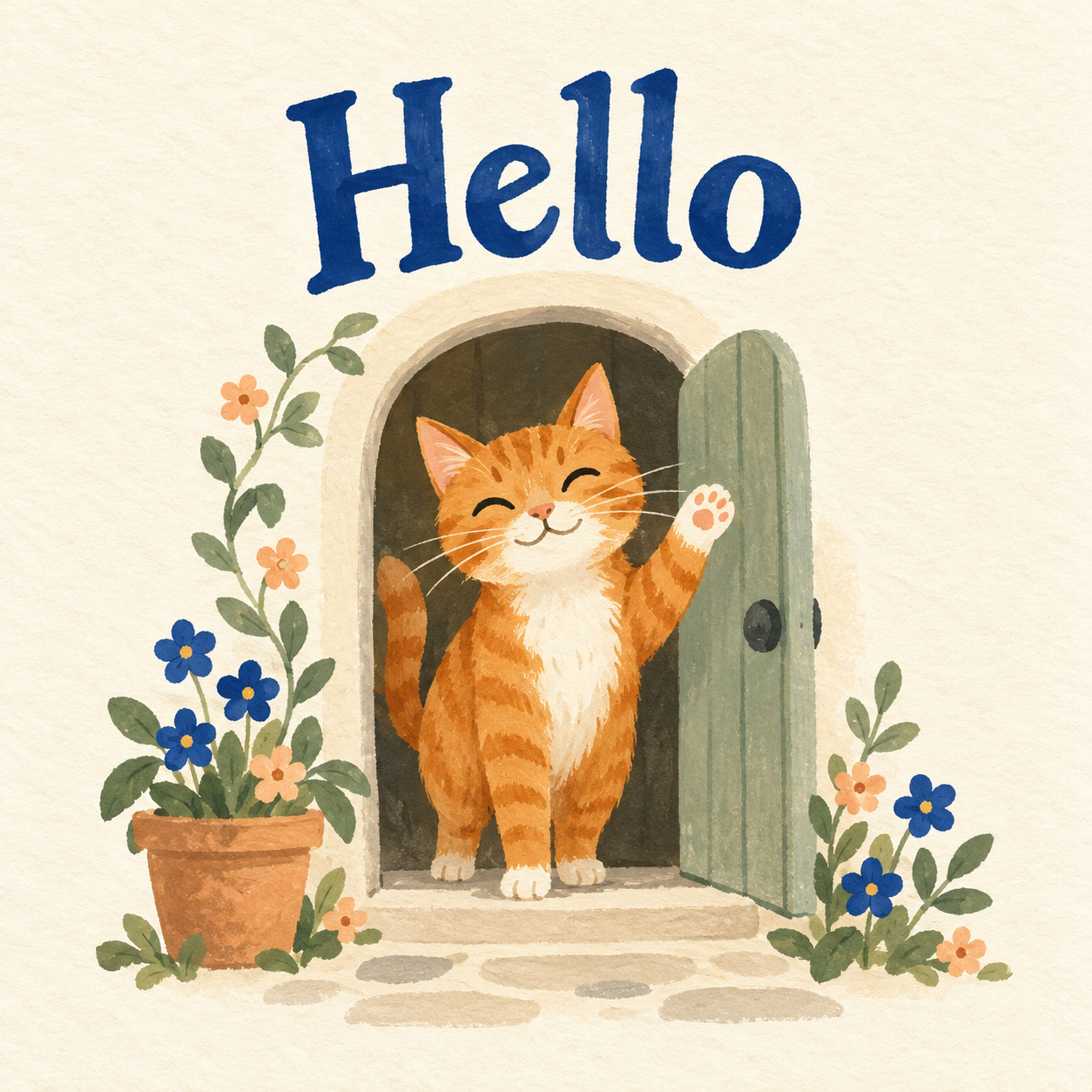 Original painted orange cat waving from a doorway beneath clear Hello lettering
