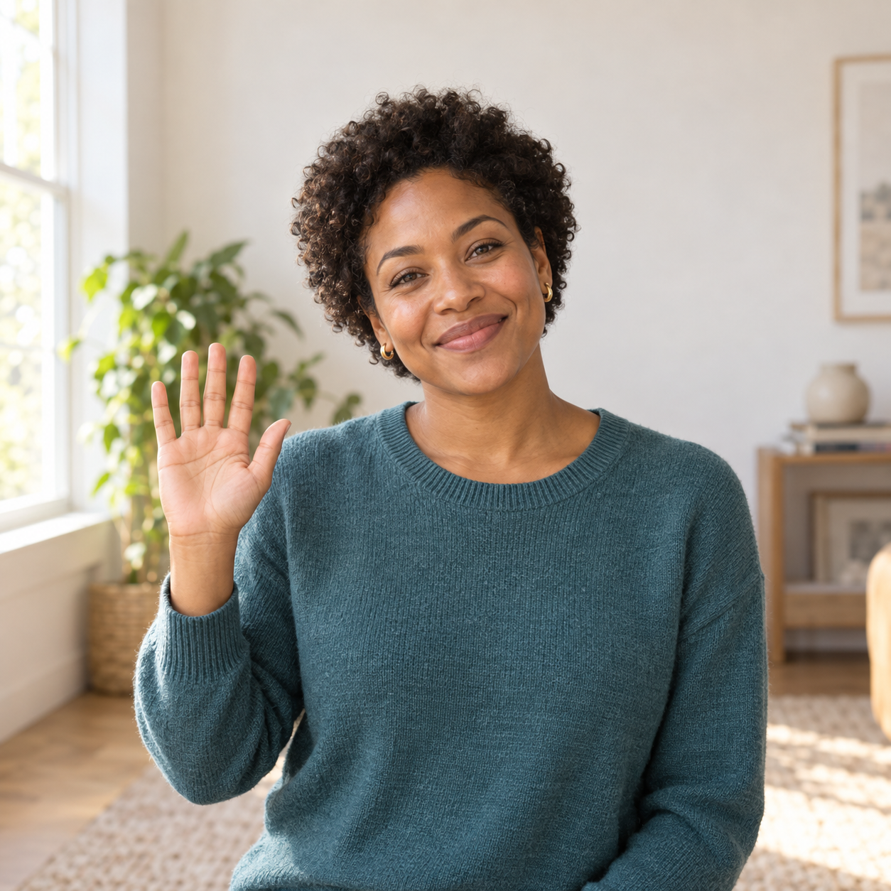Fictional adult creator with dark curls and a teal sweater offering a natural hand wave in a bright studio