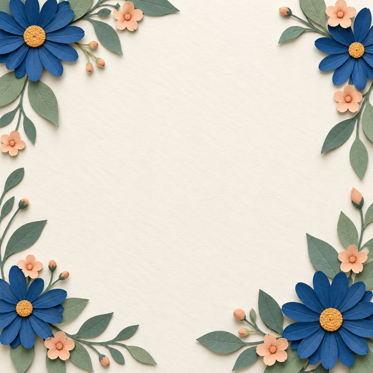 Original paper-cut cobalt daisies peach blossoms and sage leaves framing a clear ivory center