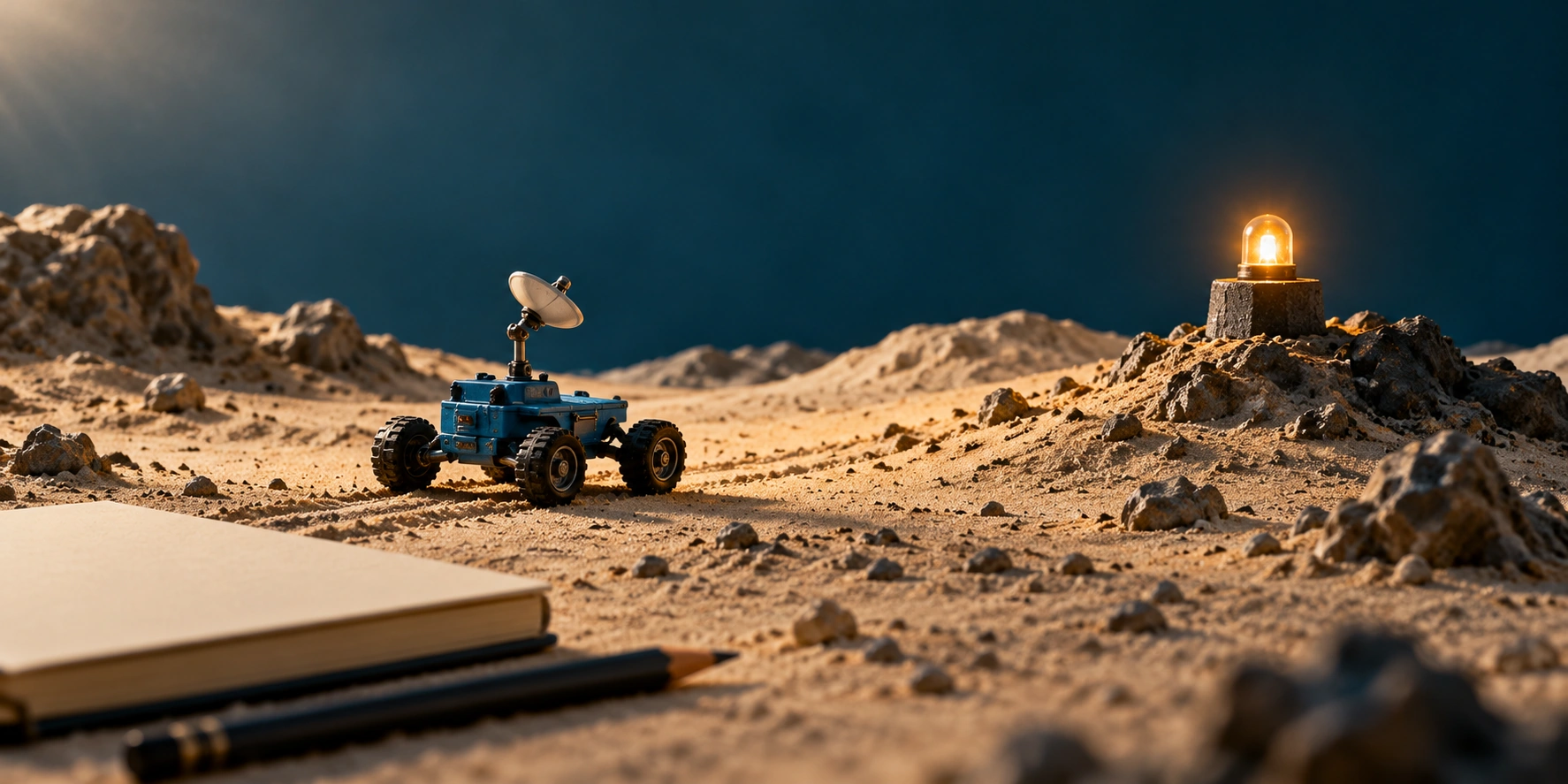 Original miniature cobalt rover facing an amber beacon across a sandy studio landscape, with a blank notebook in the foreground