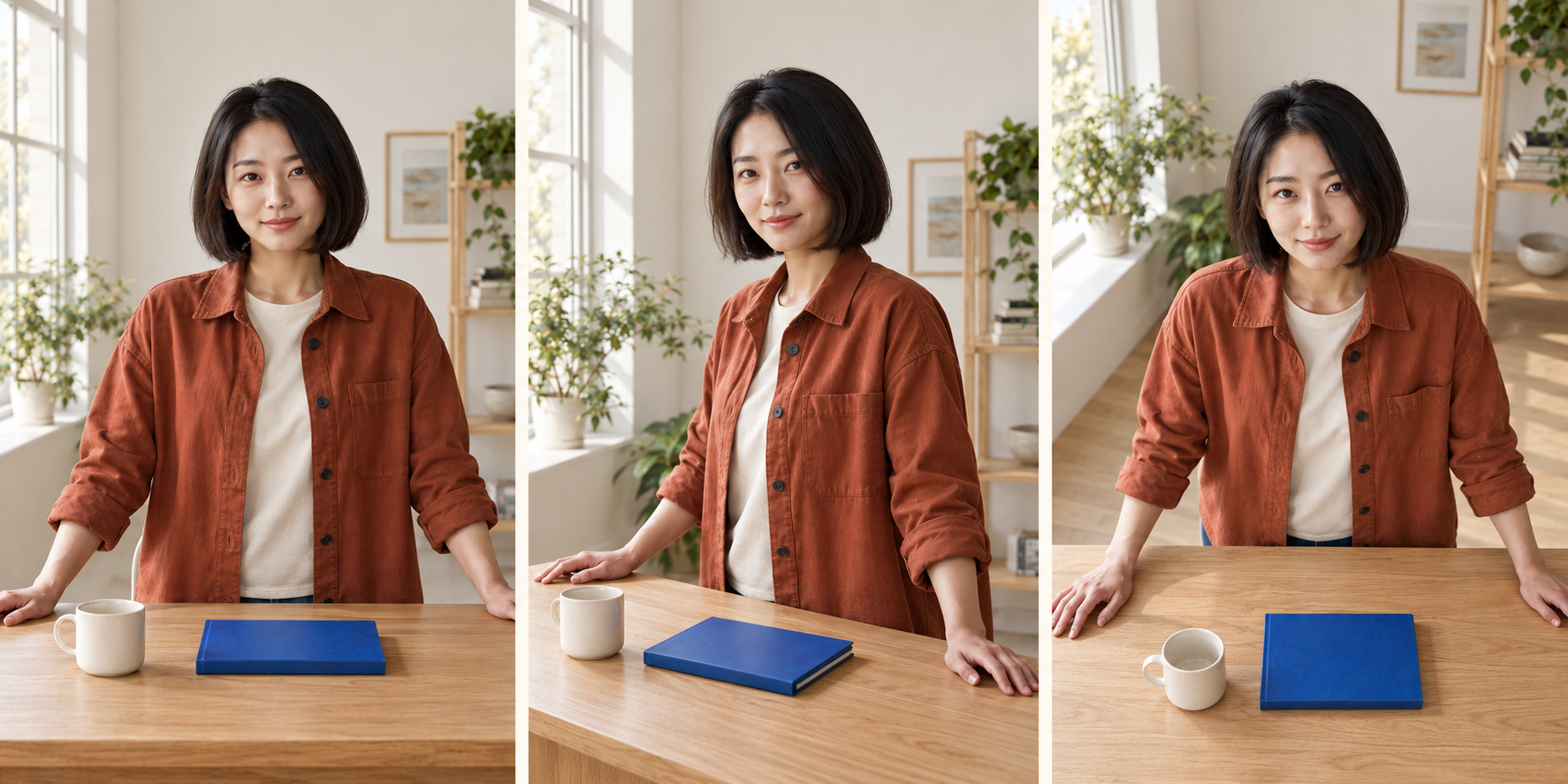 Illustrative three-panel set of the fictional creator and desk from frontal, three-quarter and moderately elevated viewpoints