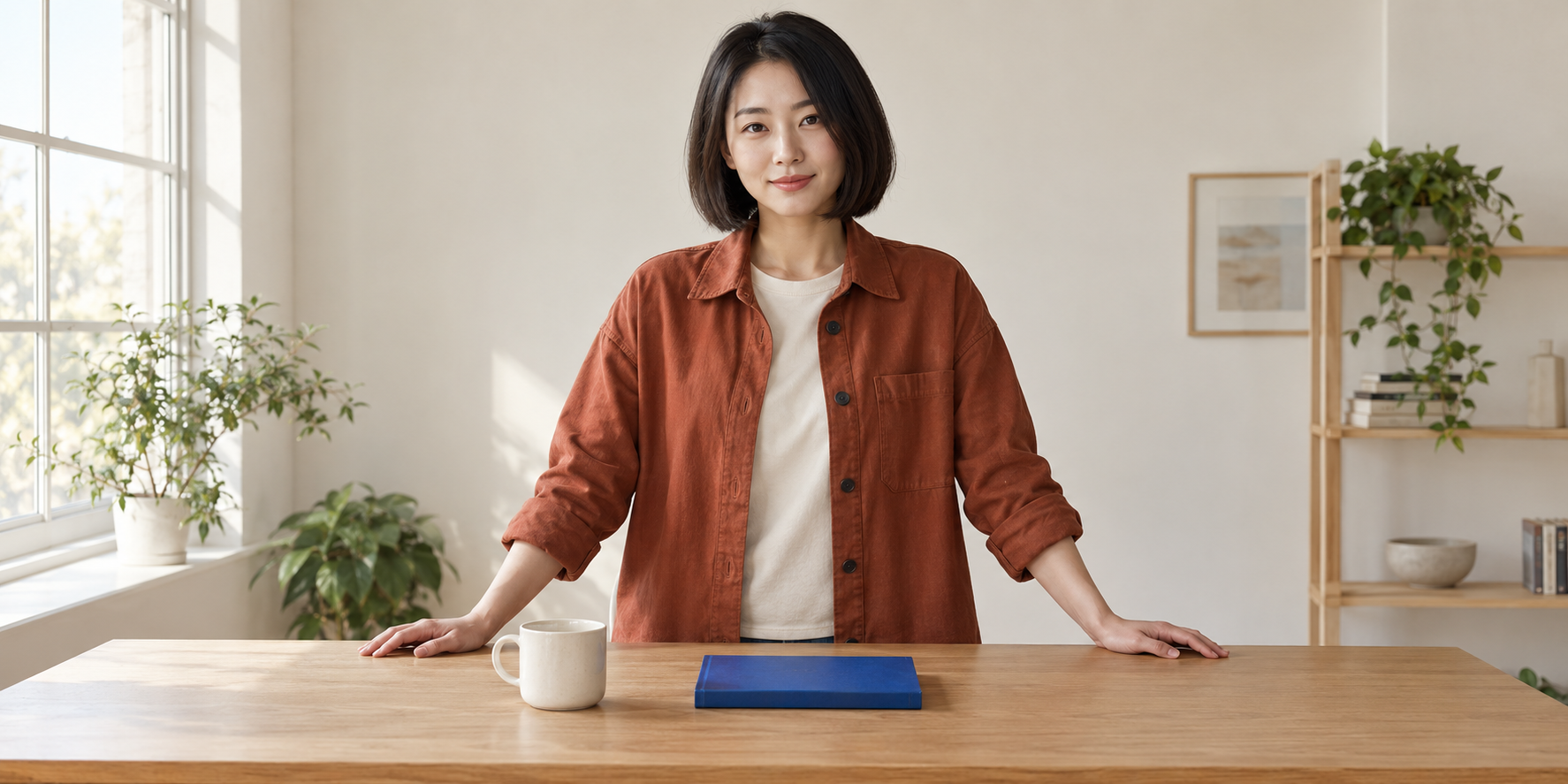 Original fictional creator with a dark bob and rust overshirt behind an oak desk with one cobalt notebook and cream cup