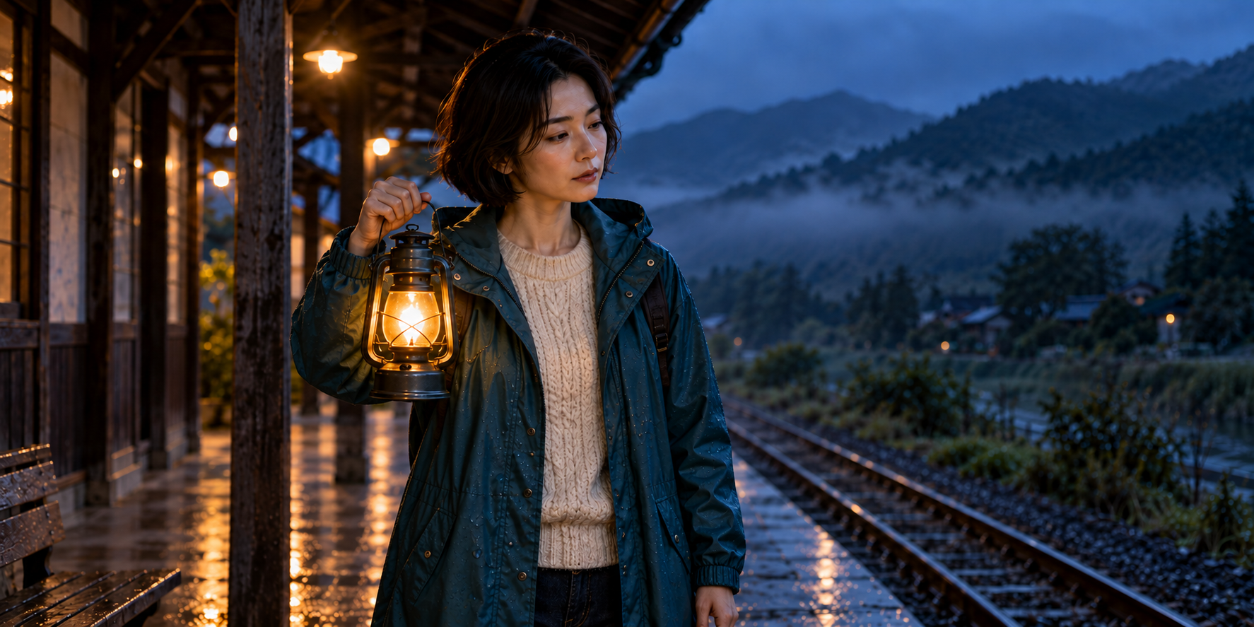 Original fictional caretaker in a teal raincoat holding one amber lantern in her right hand at chest height on a wet platform