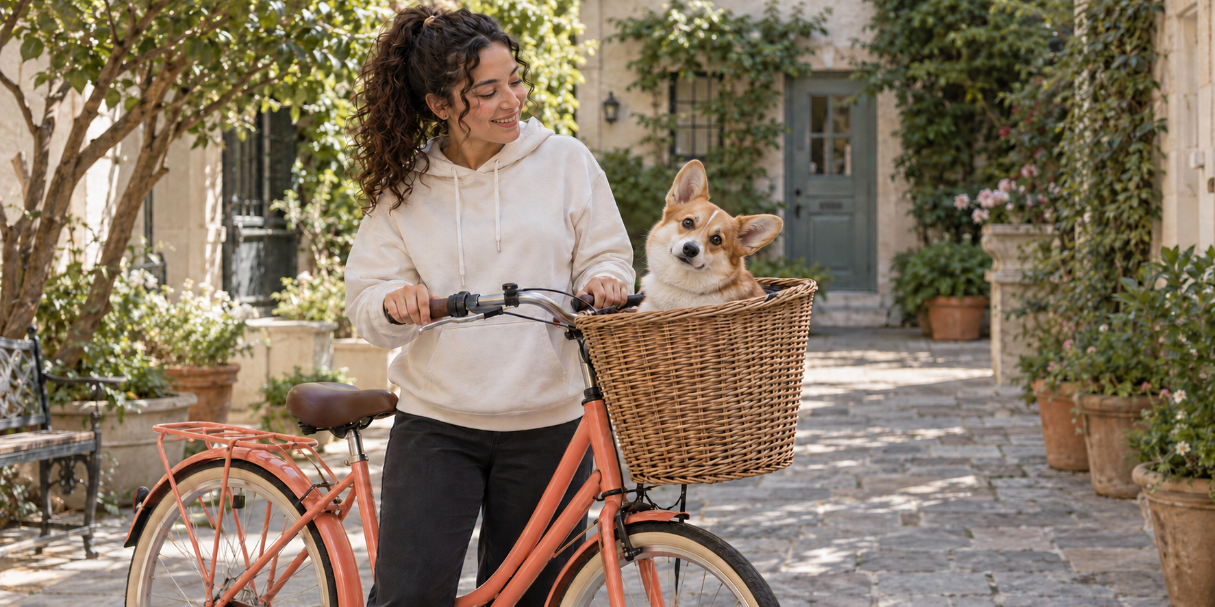 Illustrative planned endpoint with the same fictional creator and parked bicycle while the corgi faces the camera with a small head tilt