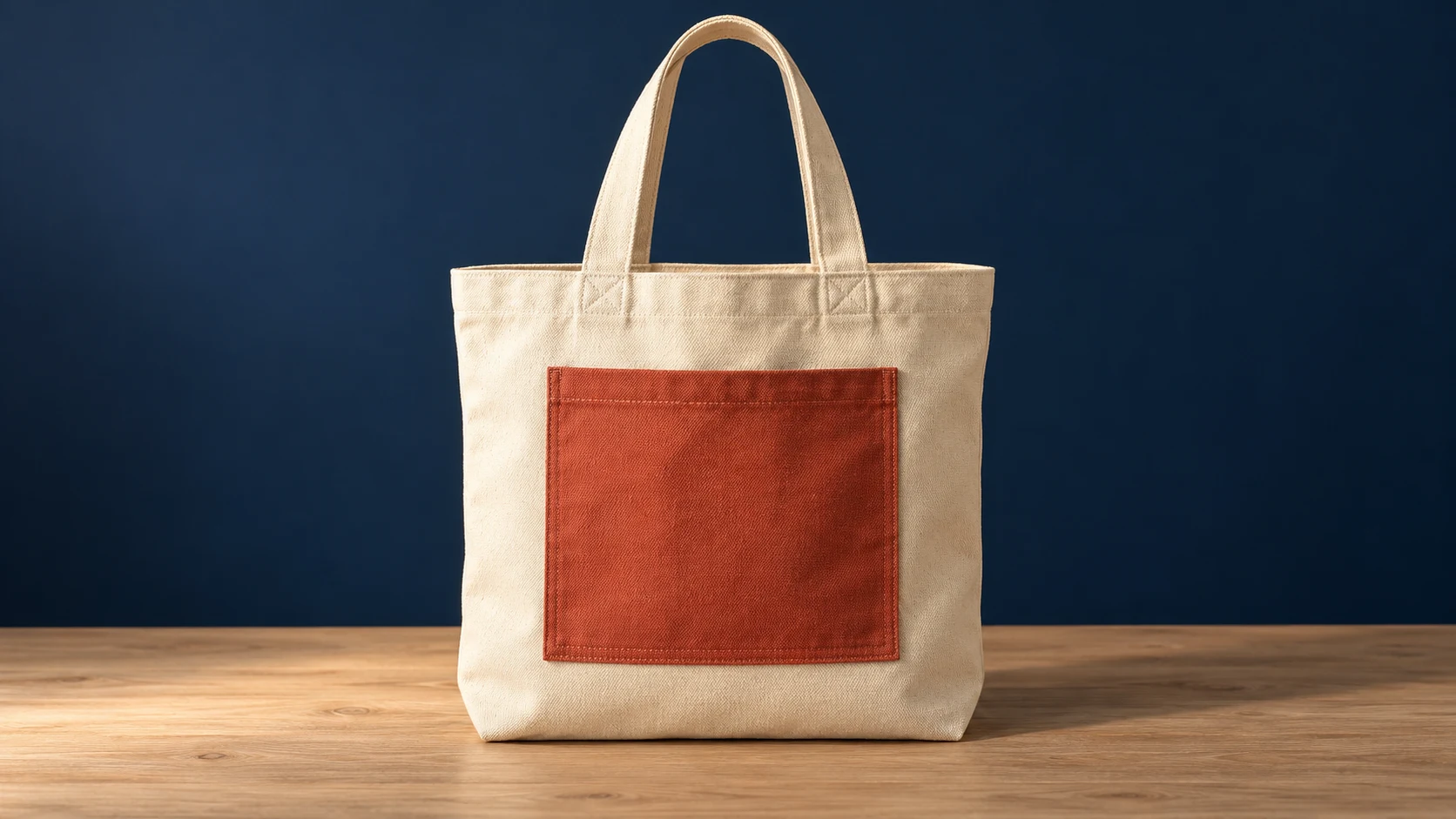 Original cream canvas tote with a terracotta rectangular pocket on a pale wood table against a navy background