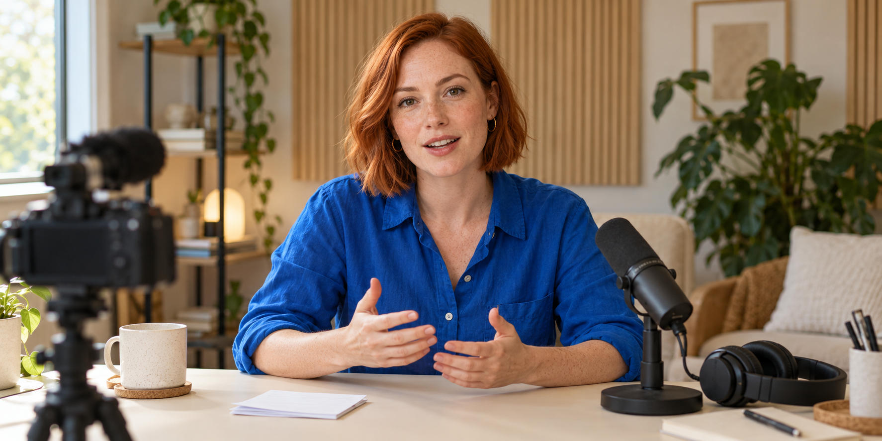 Original fictional adult creator with a copper bob and cobalt shirt speaking toward a camera with a microphone beside her unobstructed face
