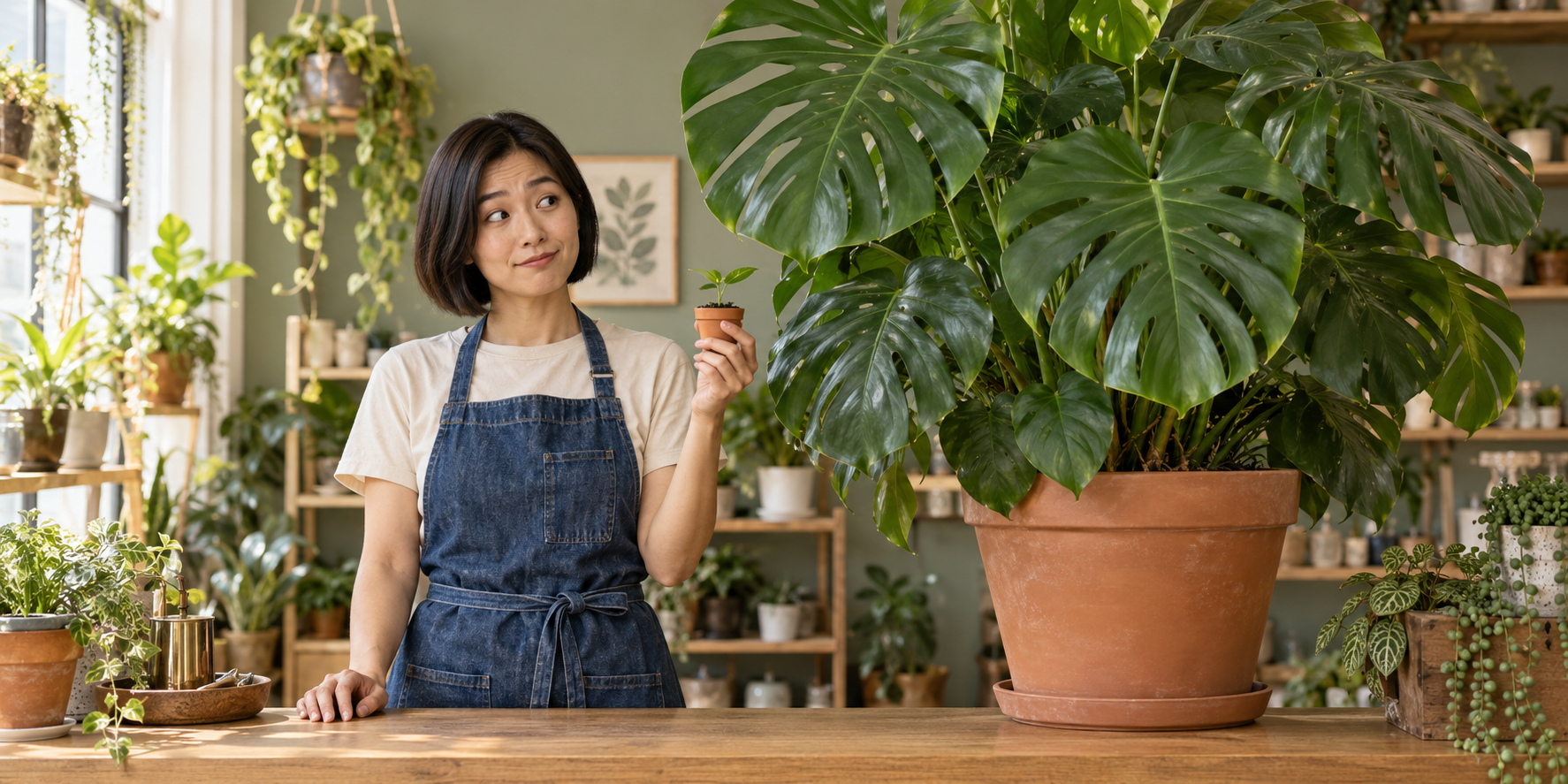 Original fictional plant-shop creator in a blue apron holding a tiny sprout beside an enormous monstera on an oak counter