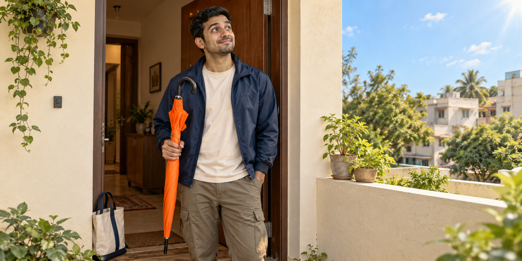 Original fictional courier in a navy windbreaker holding a closed orange umbrella at a sunlit apartment doorway