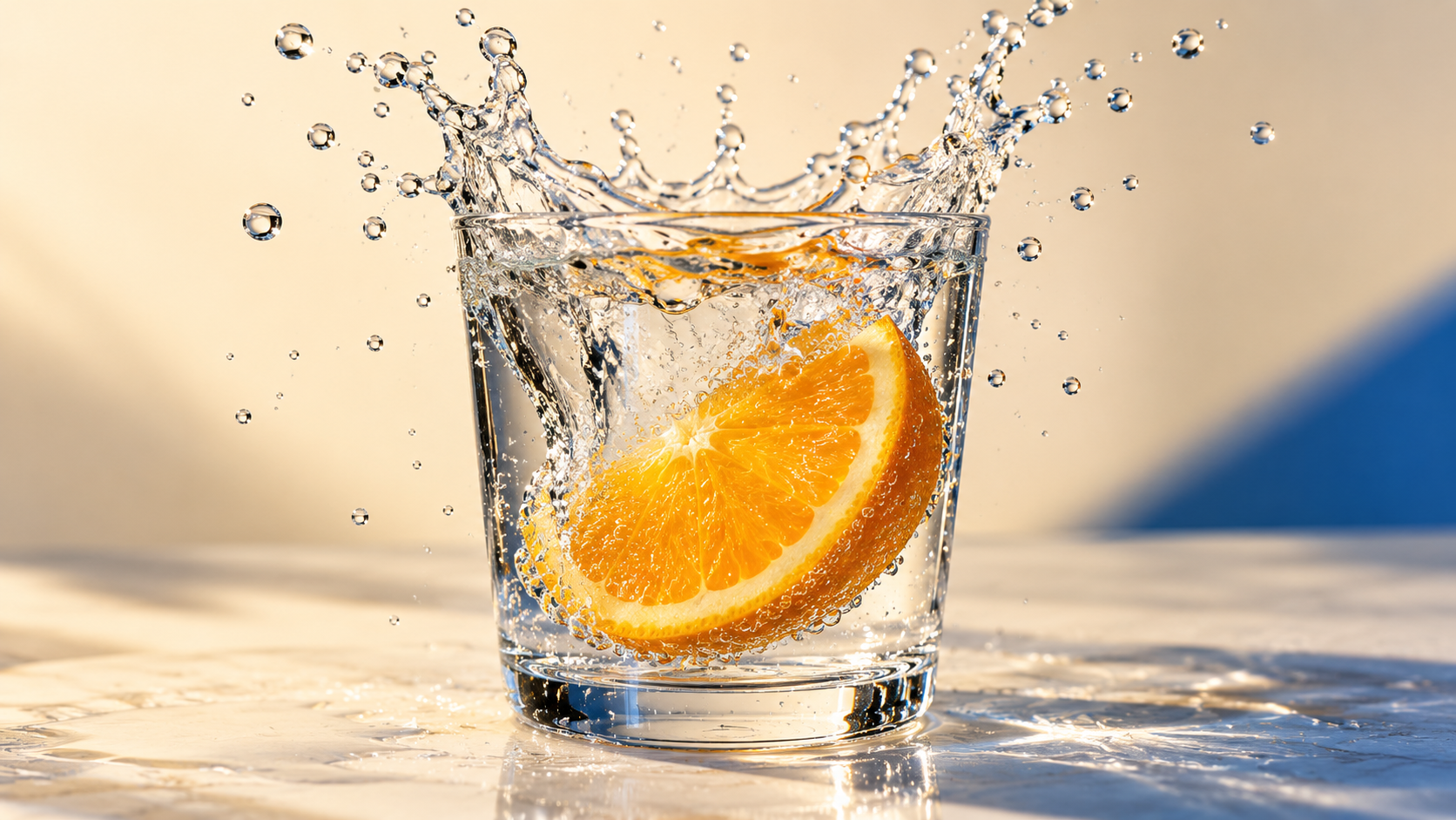 Orange slice suspended inside a crisp water splash
