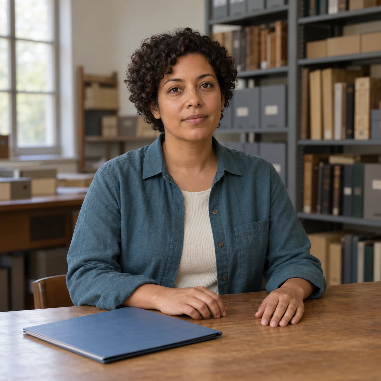 AI-generated input artwork of a fictional adult archivist in a teal overshirt seated with a closed blue folder