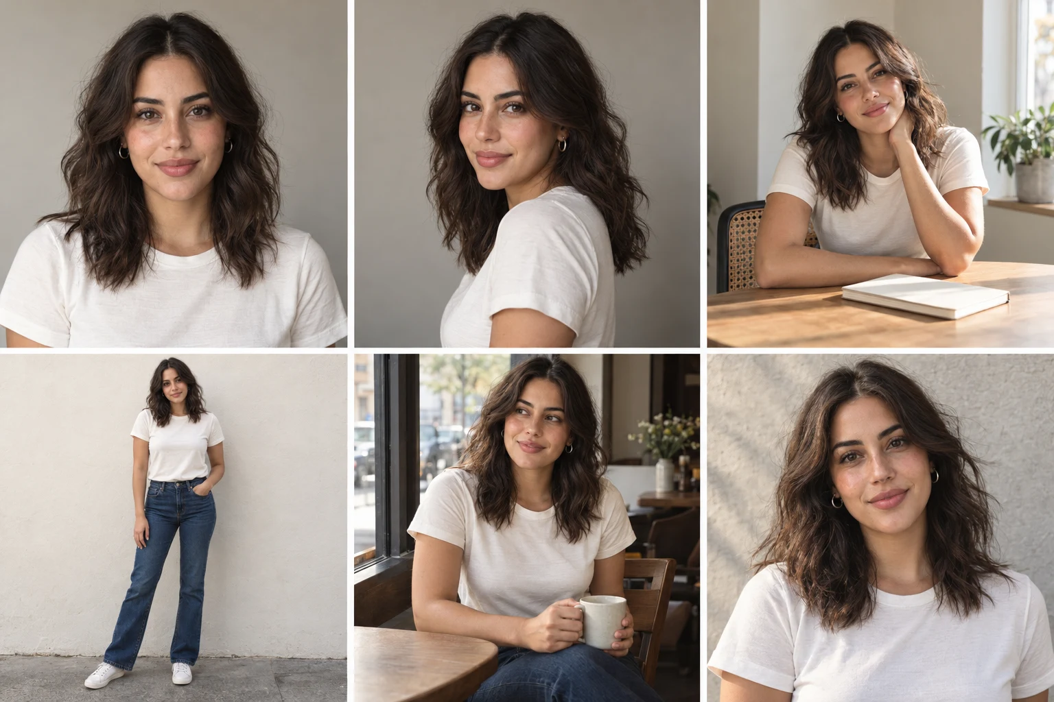Six AI-generated views of fictional adult creator Maya in an ivory T-shirt and jeans, showing front and three-quarter portraits, a desk scene, full-body view, cafe scene, and outdoor portrait