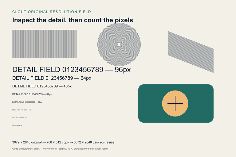 Original resolution test chart with fine line fields, concentric circles, diagonal lines and progressively smaller type