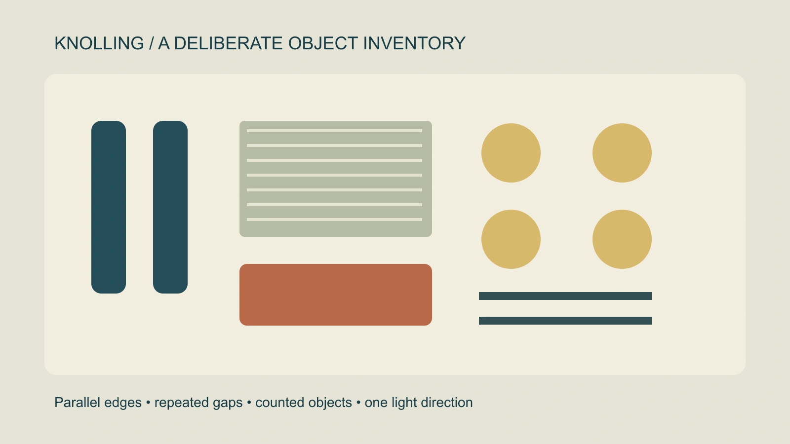 Original overhead desk-kit diagram with aligned elongated tools notebook pouch four round tokens and two narrow strips