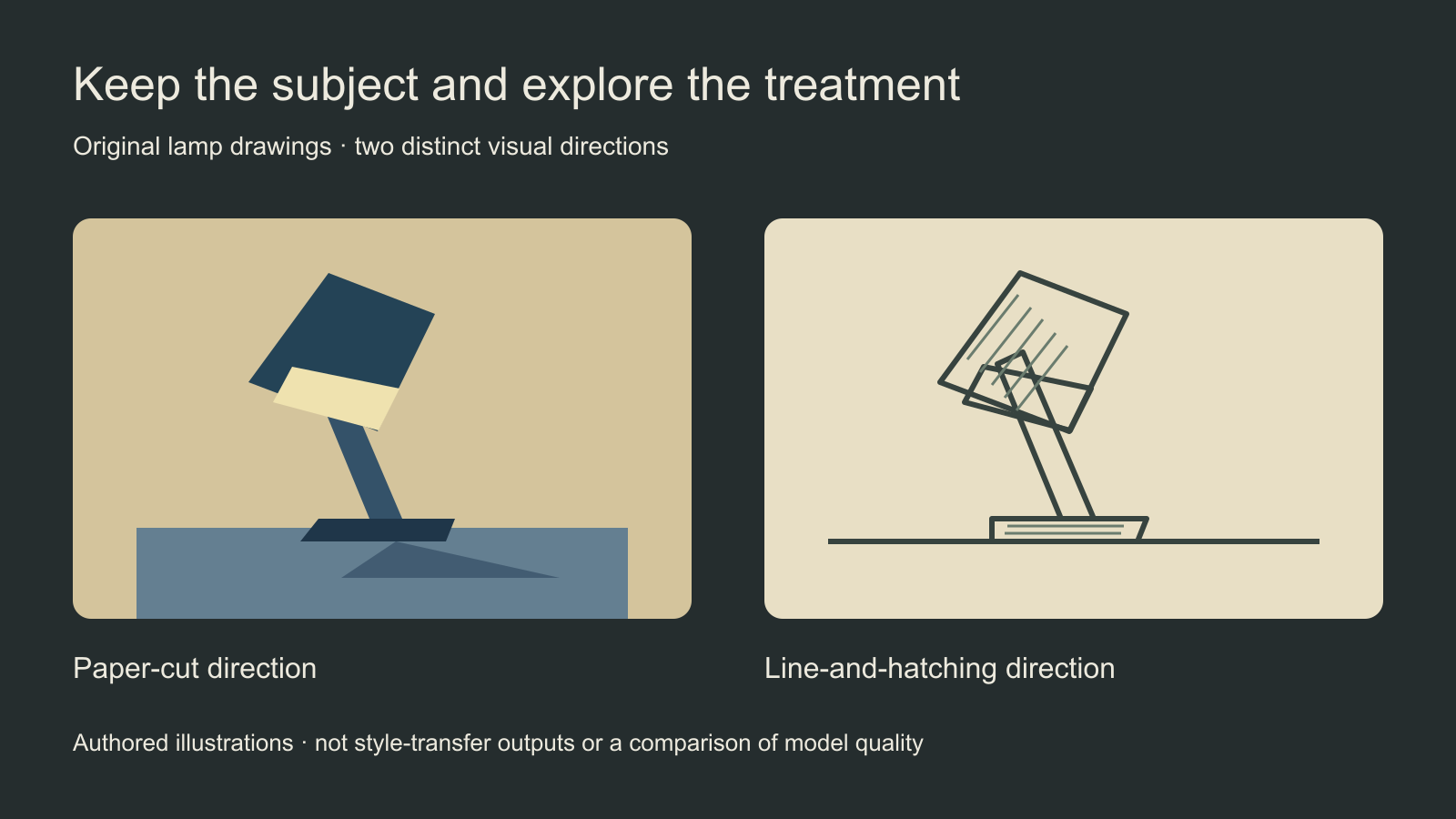 Original lamp shown as a geometric paper-cut plan and a line-and-hatching plan with different material cues