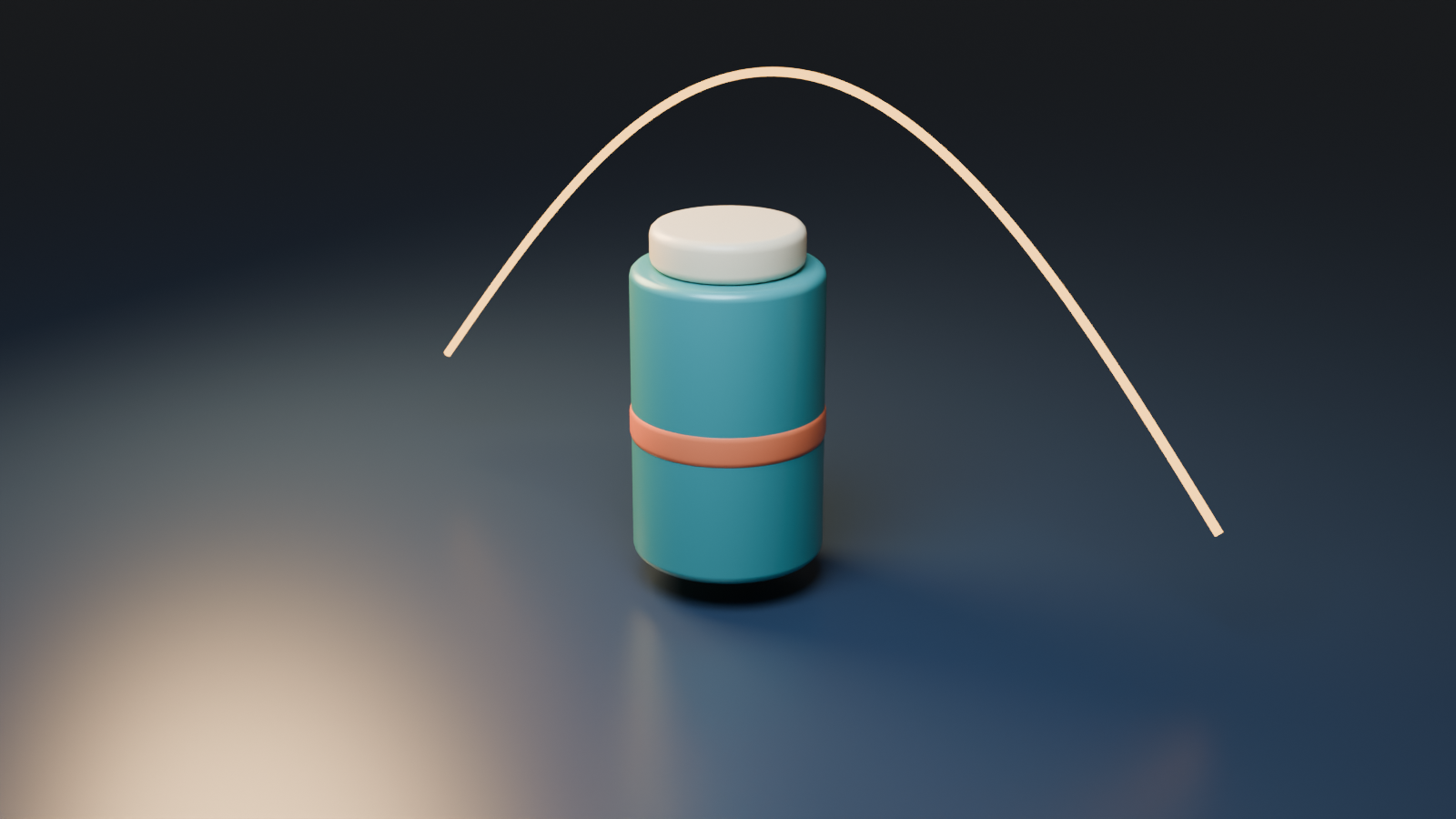 Original native teal bottle scene with a modeled luminous arch behind the subject
