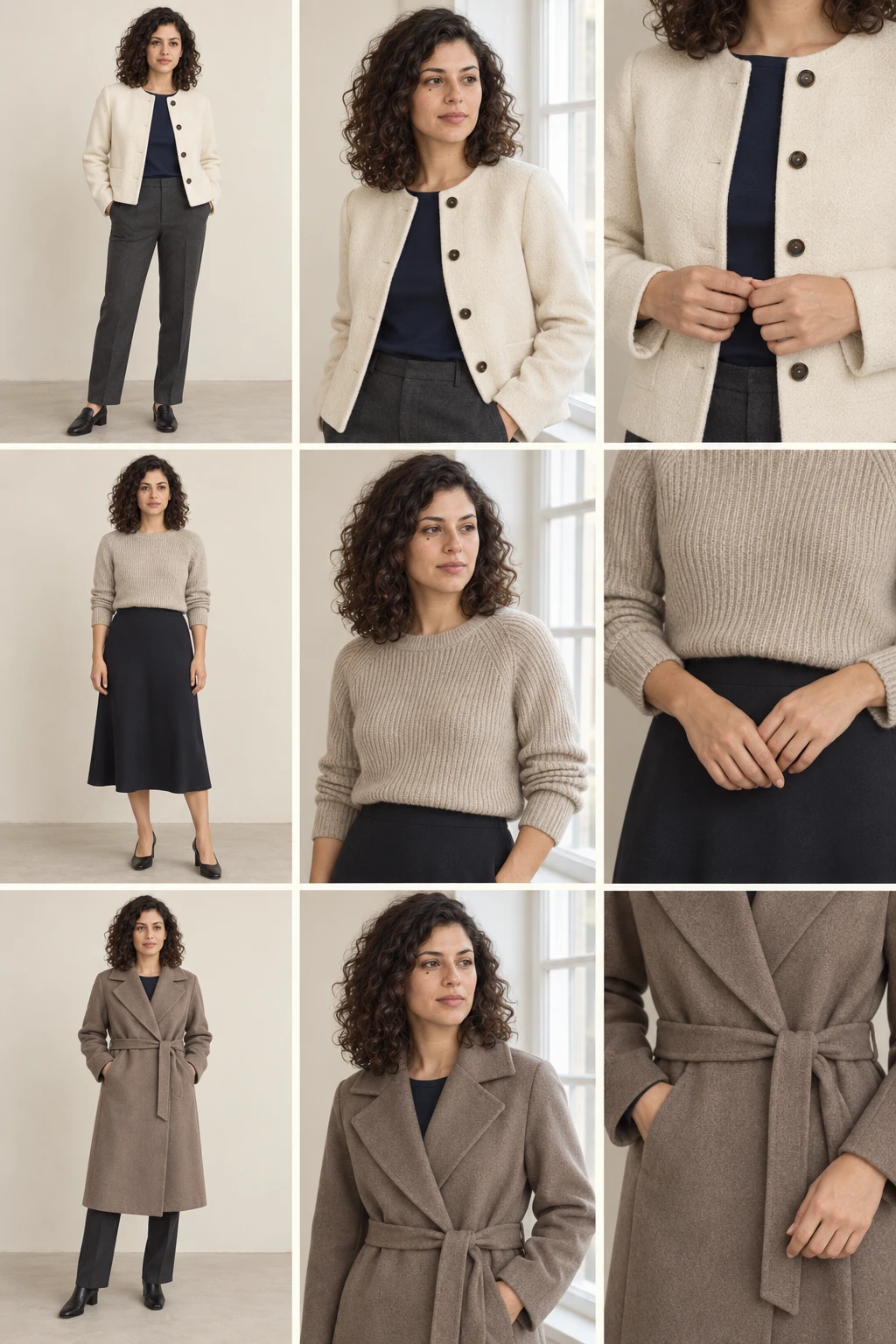 Three fictional outfits shown in full-length, three-quarter and fabric-detail views on one original model