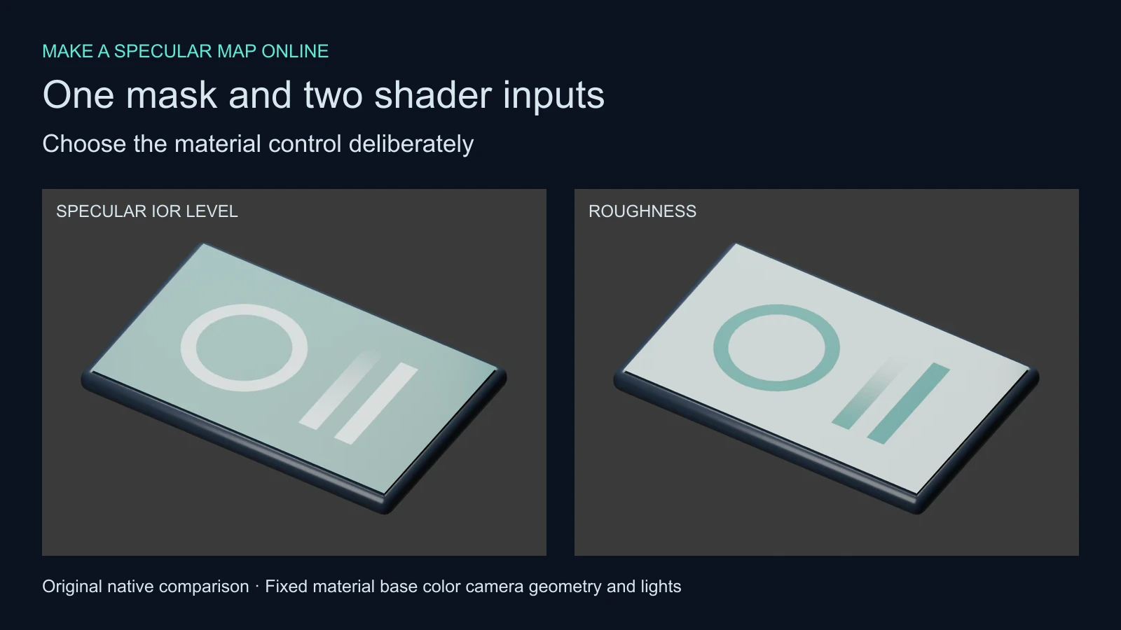 Original teal finish panel with the same mask connected to Specular IOR Level on the left and Roughness on the right