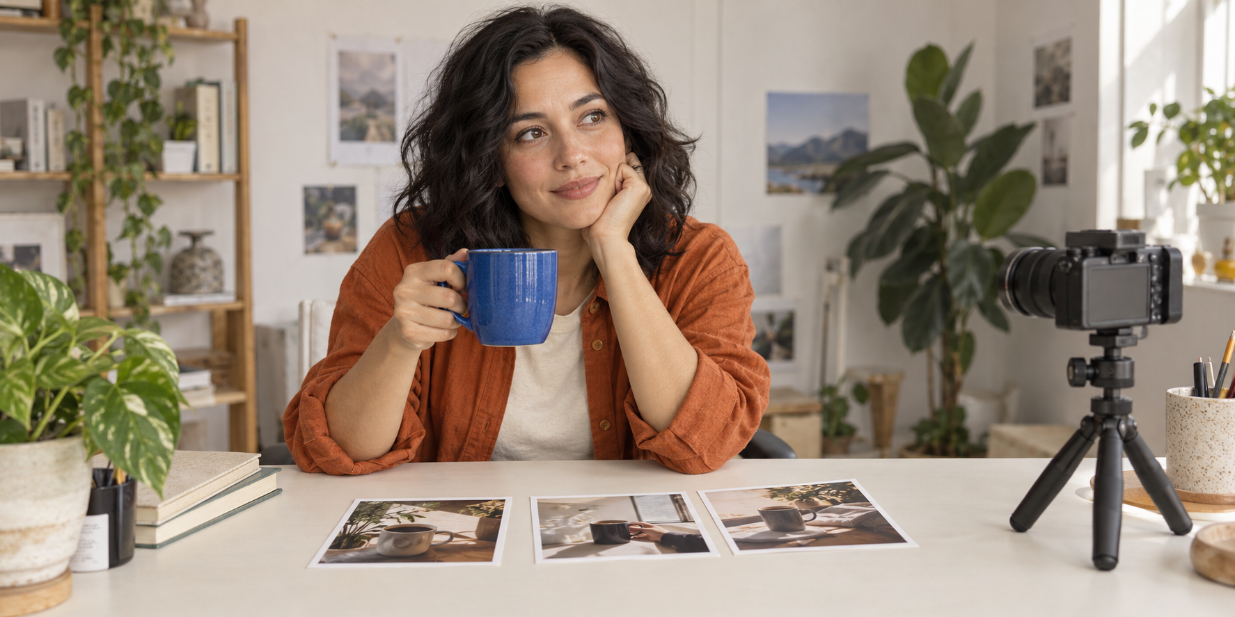 Original fictional creator in a cinnamon overshirt holding a cobalt mug beside physical storyboard cards in a daylight studio