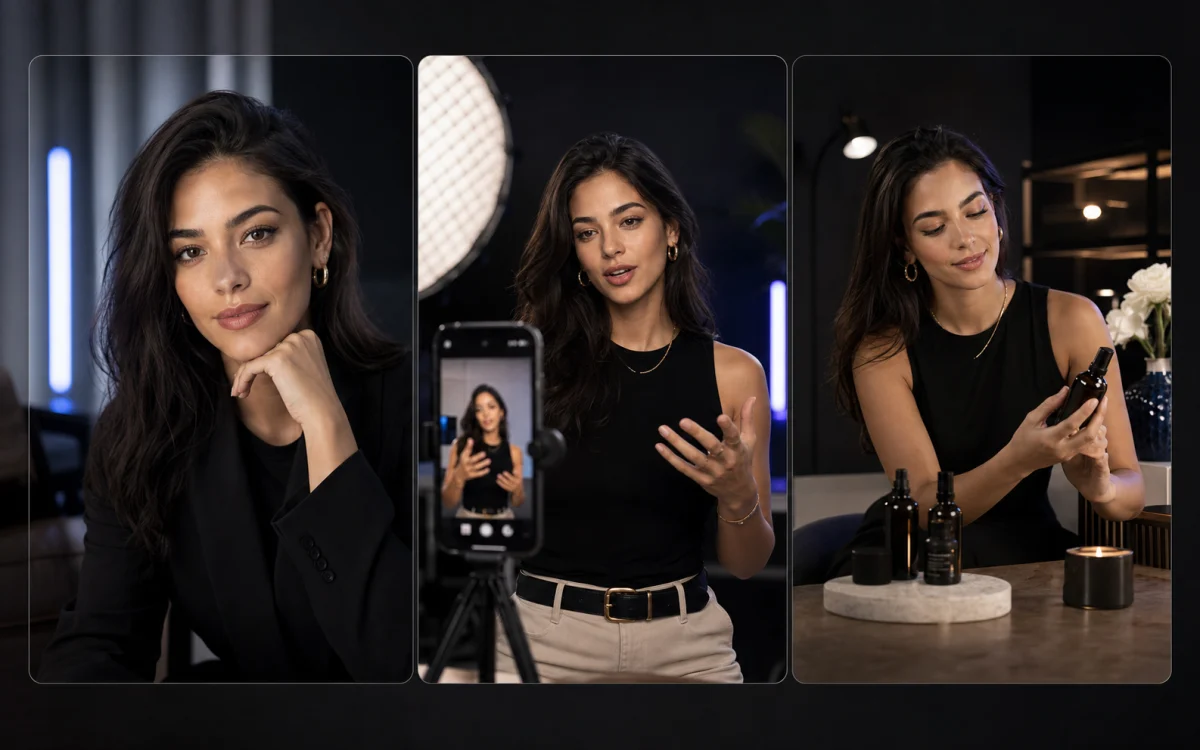 The same fictional AI creator shown across persona design, social video production, and a brand campaign