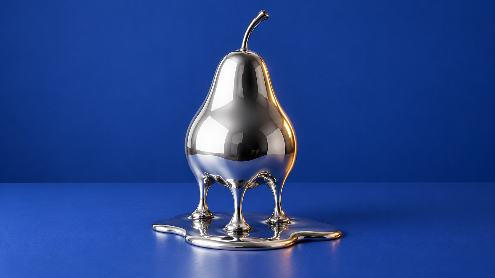 Reflective pear sculpture liquefying onto a cobalt tabletop