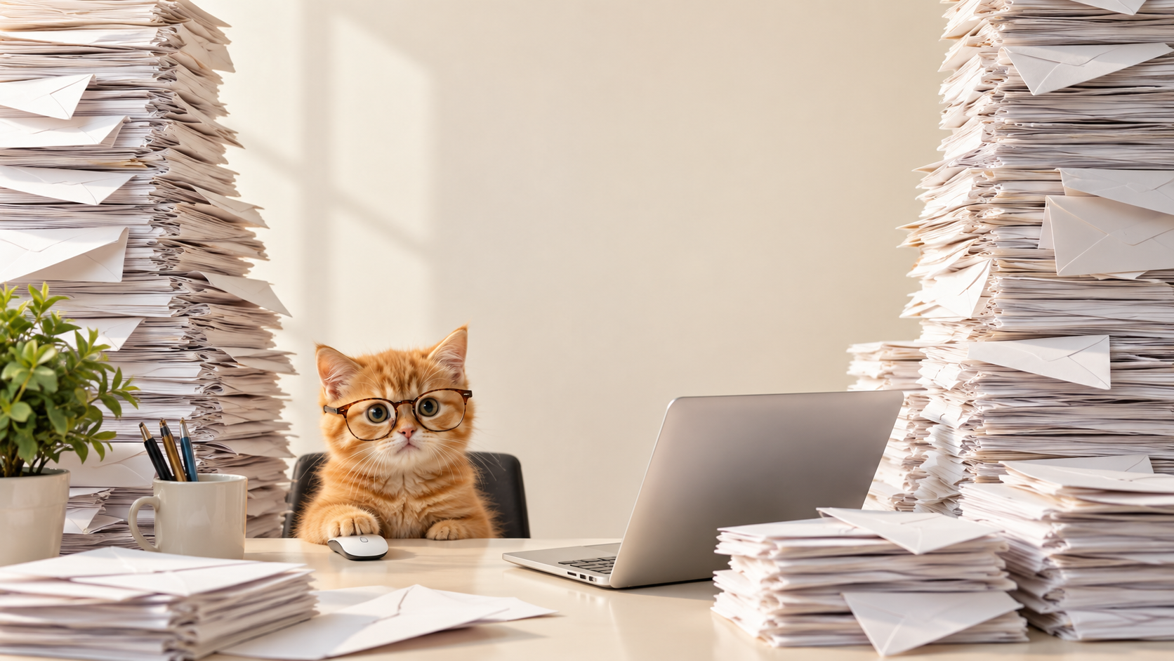 AI-generated orange cat in reading glasses beside an enormous pile of blank envelopes