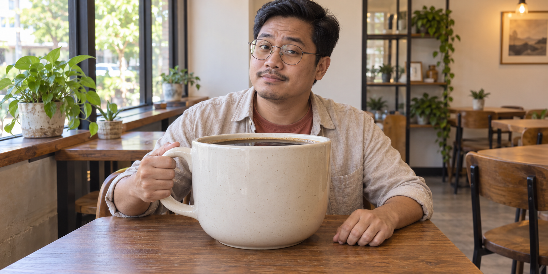 Original AI photograph of a fictional adult man in round glasses sitting at a cafe table beside one enormous cream coffee mug