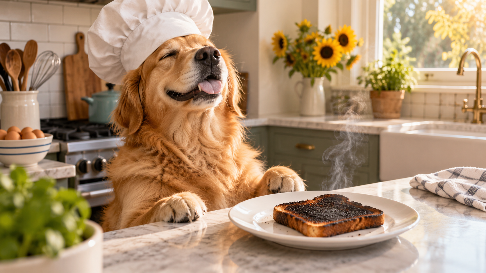 AI-generated golden dog in a white chef hat proudly presenting a burnt slice of toast