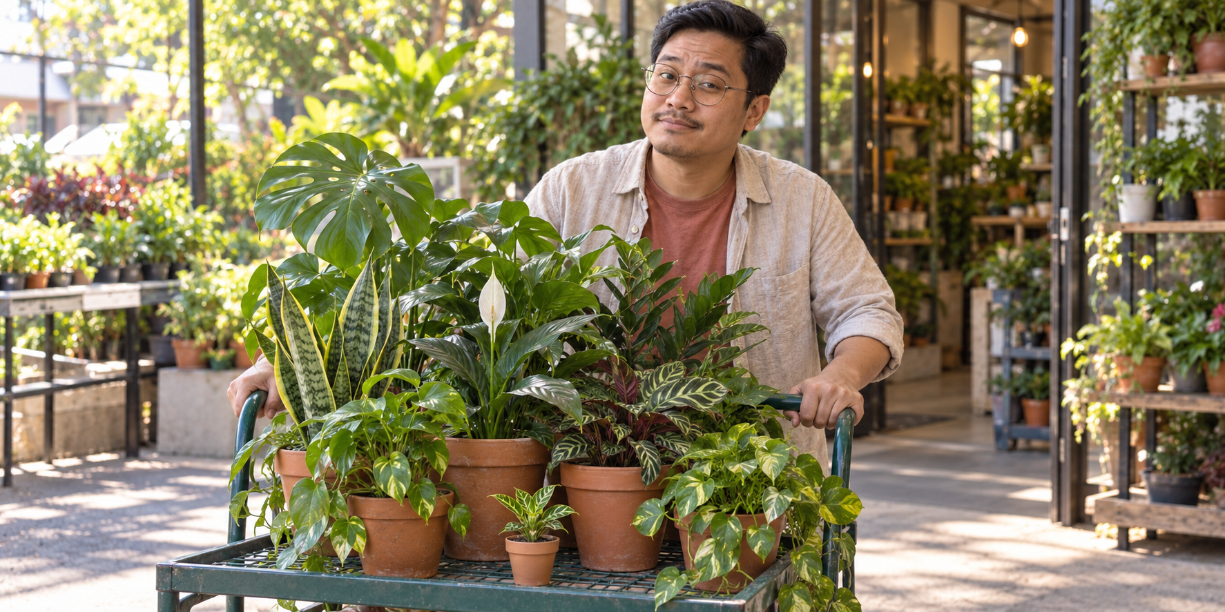 Original AI photograph of the same fictional adult man in round glasses pushing a garden trolley full of leafy plants with a tiny pot at the front