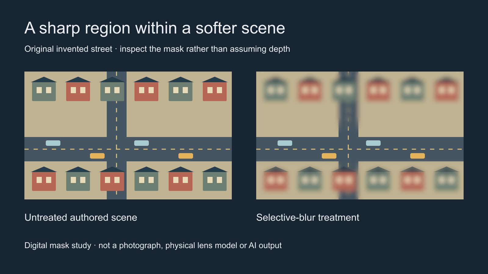 Original invented overhead street shown sharp and with a soft outer region around a central sharp band
