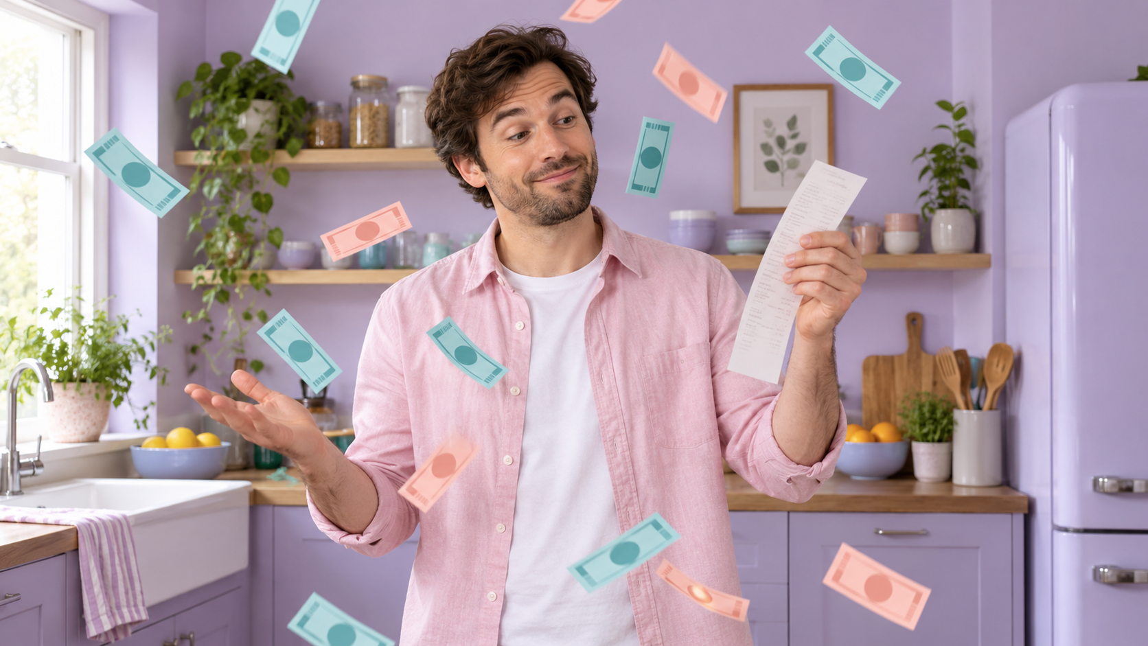 Amused creator in a kitchen with fictional colored paper tokens