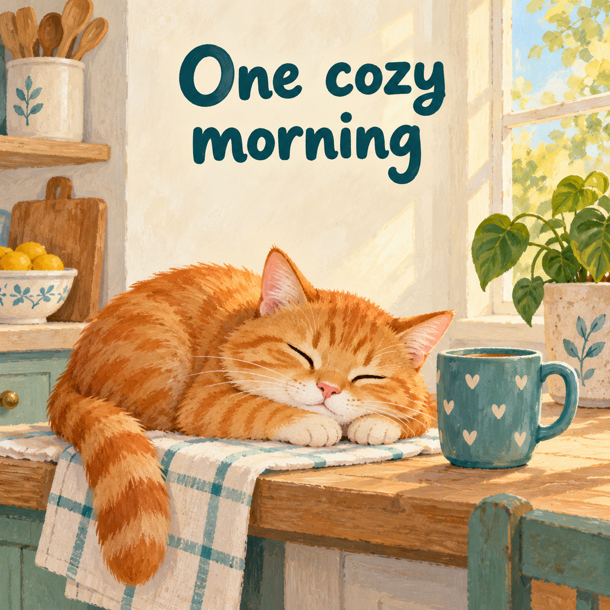 One cozy morning greeting with an orange cat beside a teal mug