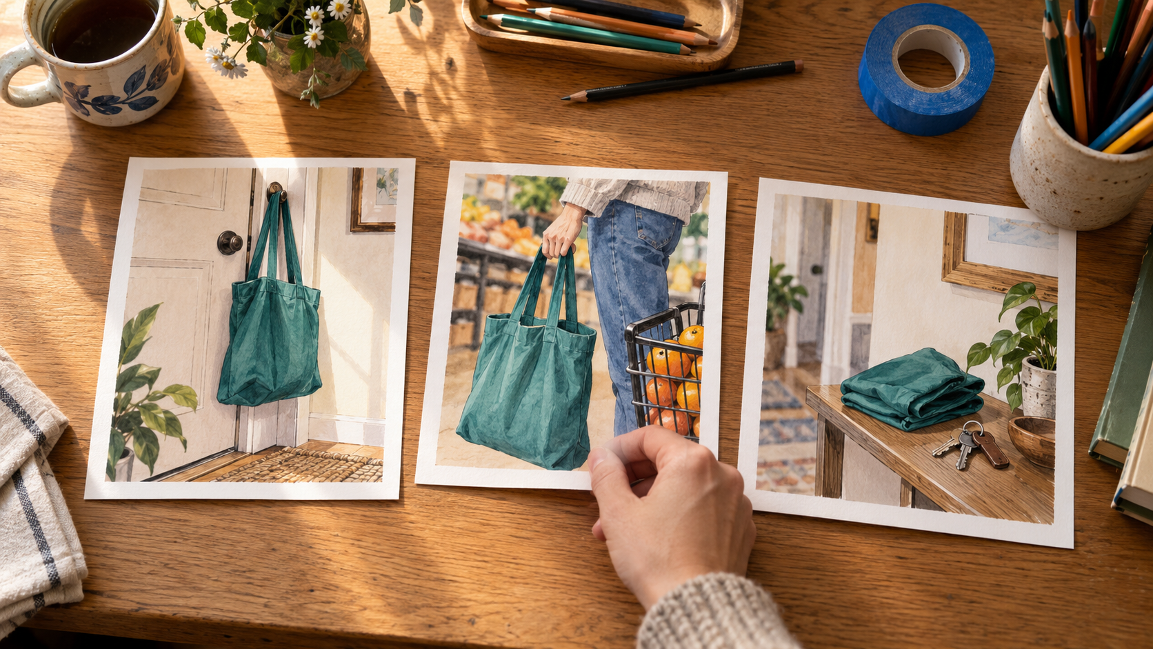 Three storyboard prints of a teal tote by a door at a grocery shop and beside keys