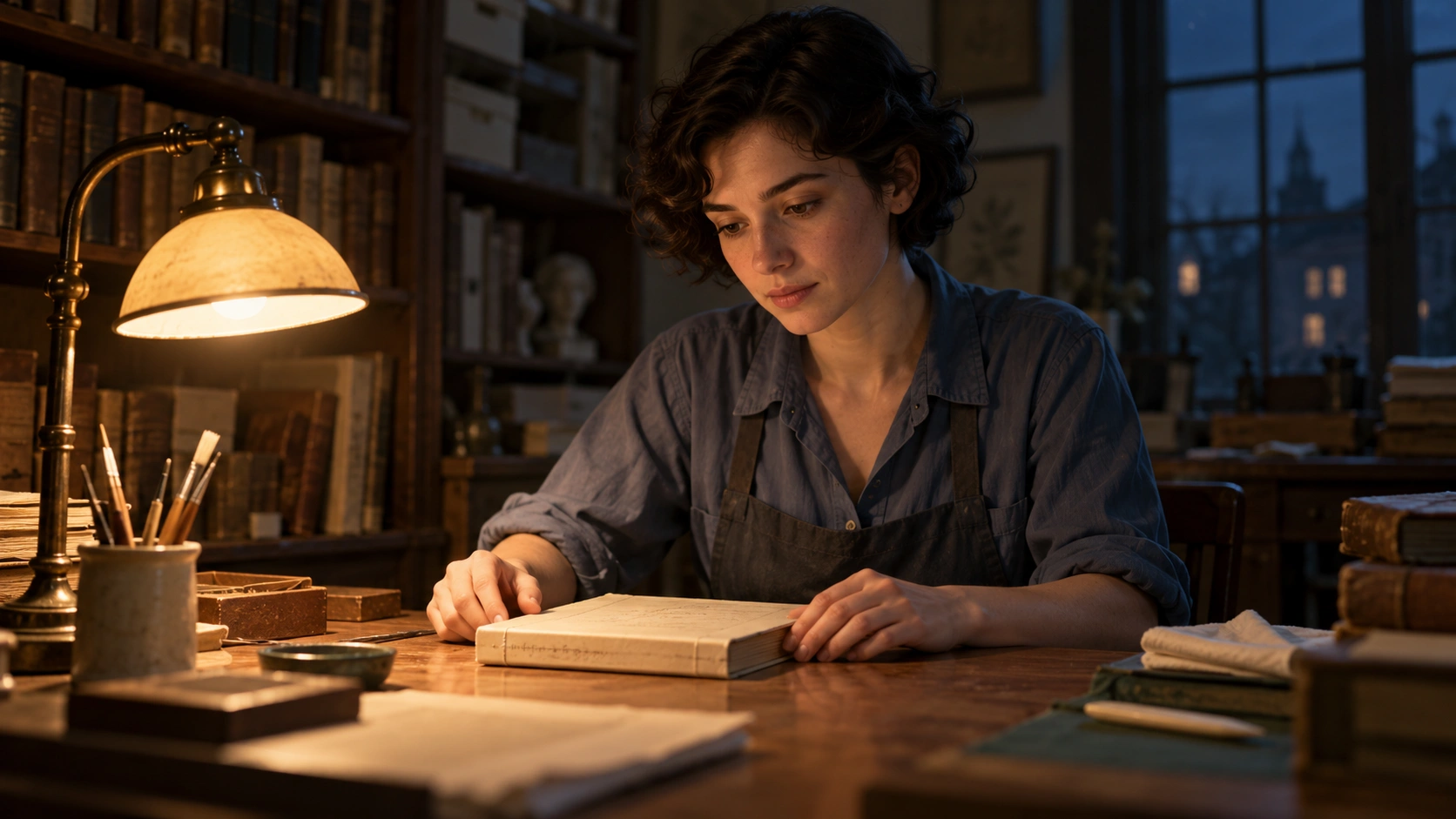 Original synthetic still of a fictional adult book conservator at a desk lit warmly from a visible lamp on the left with faint cool window ambience