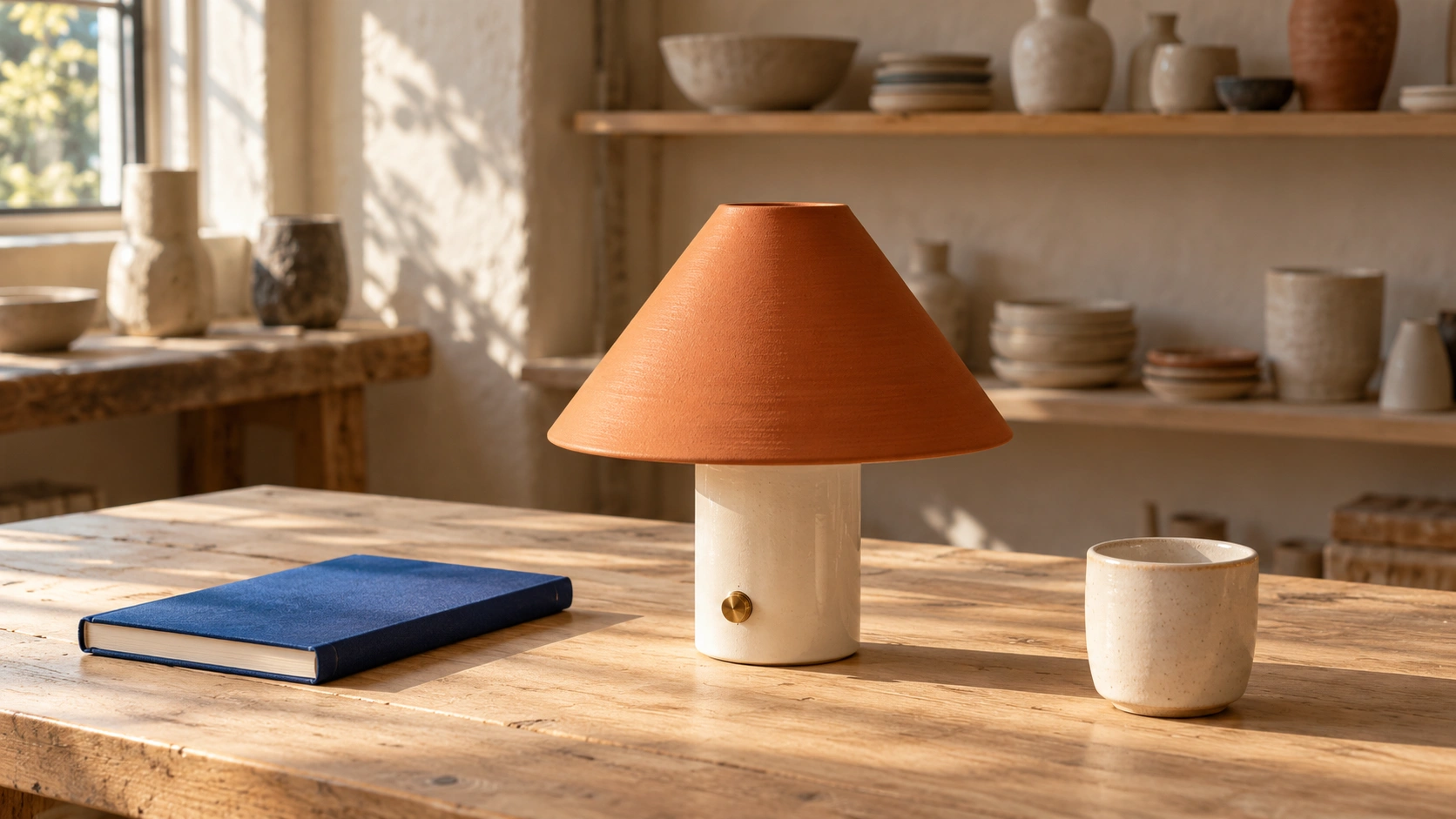 Original terracotta ceramic lamp with ivory base and brass switch beside a cobalt book and ivory cup, the shared source for a color-edit exercise