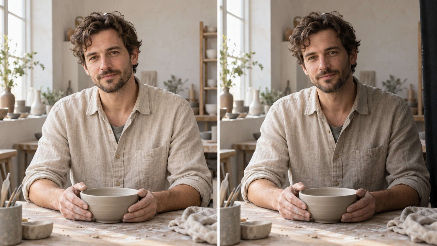 Original synthetic two-panel illustration of a fictional adult ceramic artist with more open shadow-side fill on the left and a darker shadow side beside a black flag on the right