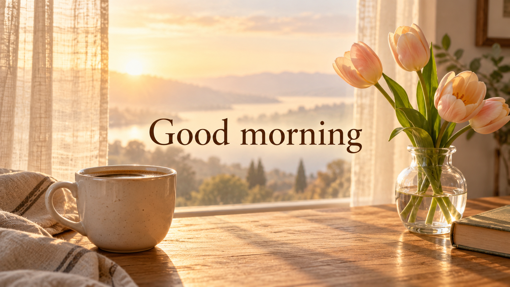 Good morning greeting with a cream coffee cup and peach tulips