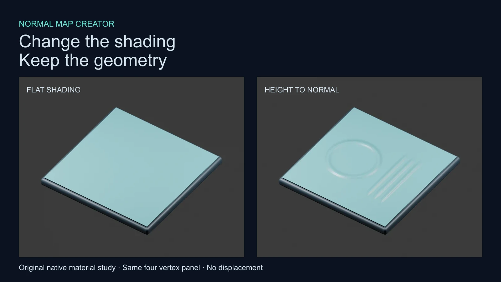 Original teal panel with flat shading beside the same geometry shaded with a height derived normal map