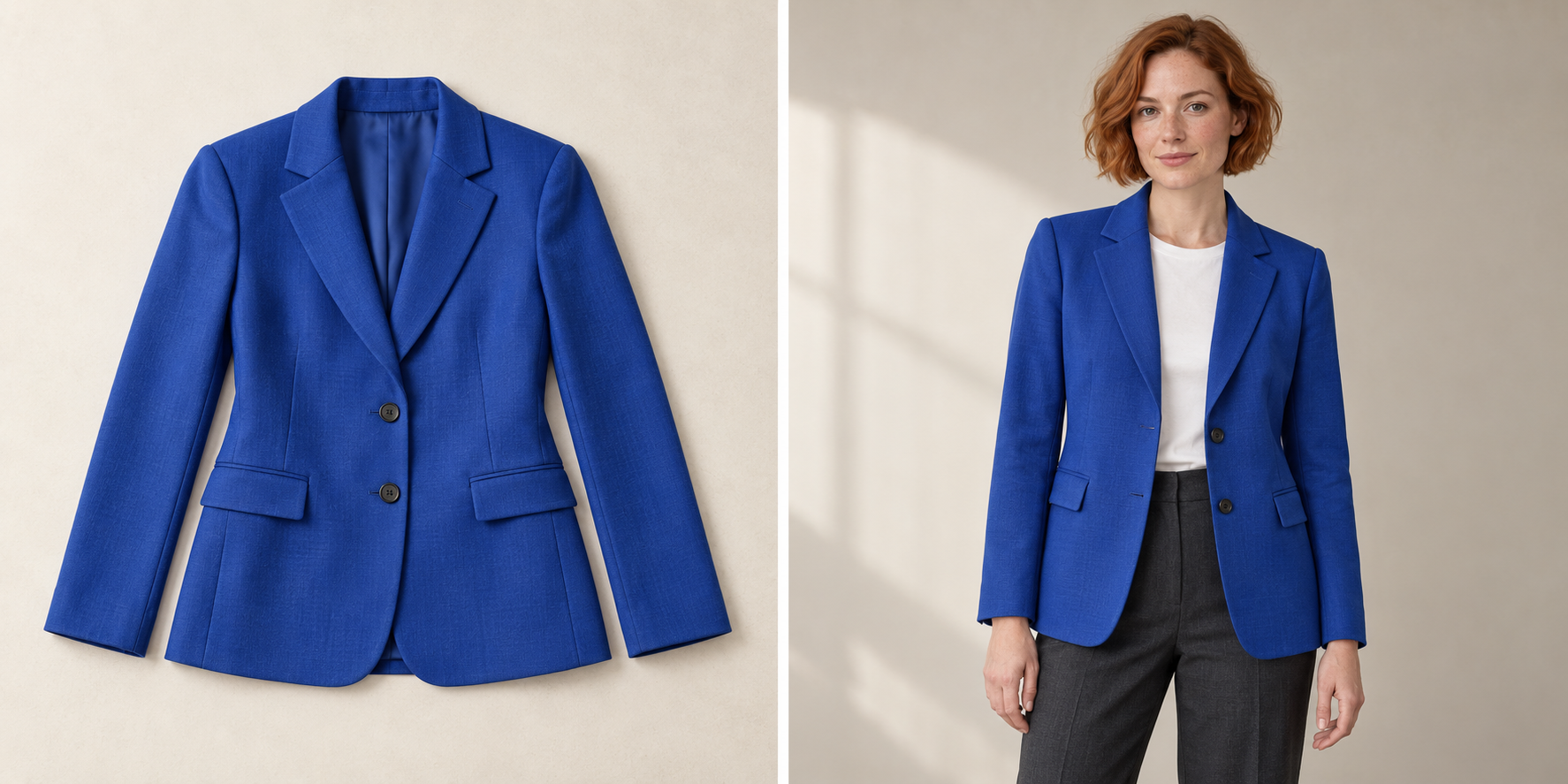 Original fashion concept with a cobalt two-button blazer beside a fictional adult copper-haired creator in a similar blue blazer