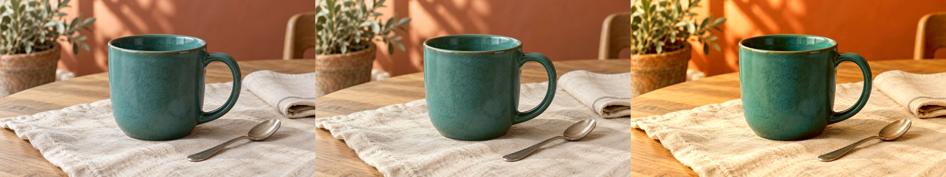 Frames at three seconds from the same mug clip, showing source color on the left, a gentle warm treatment in the center and a stronger warm treatment on the right