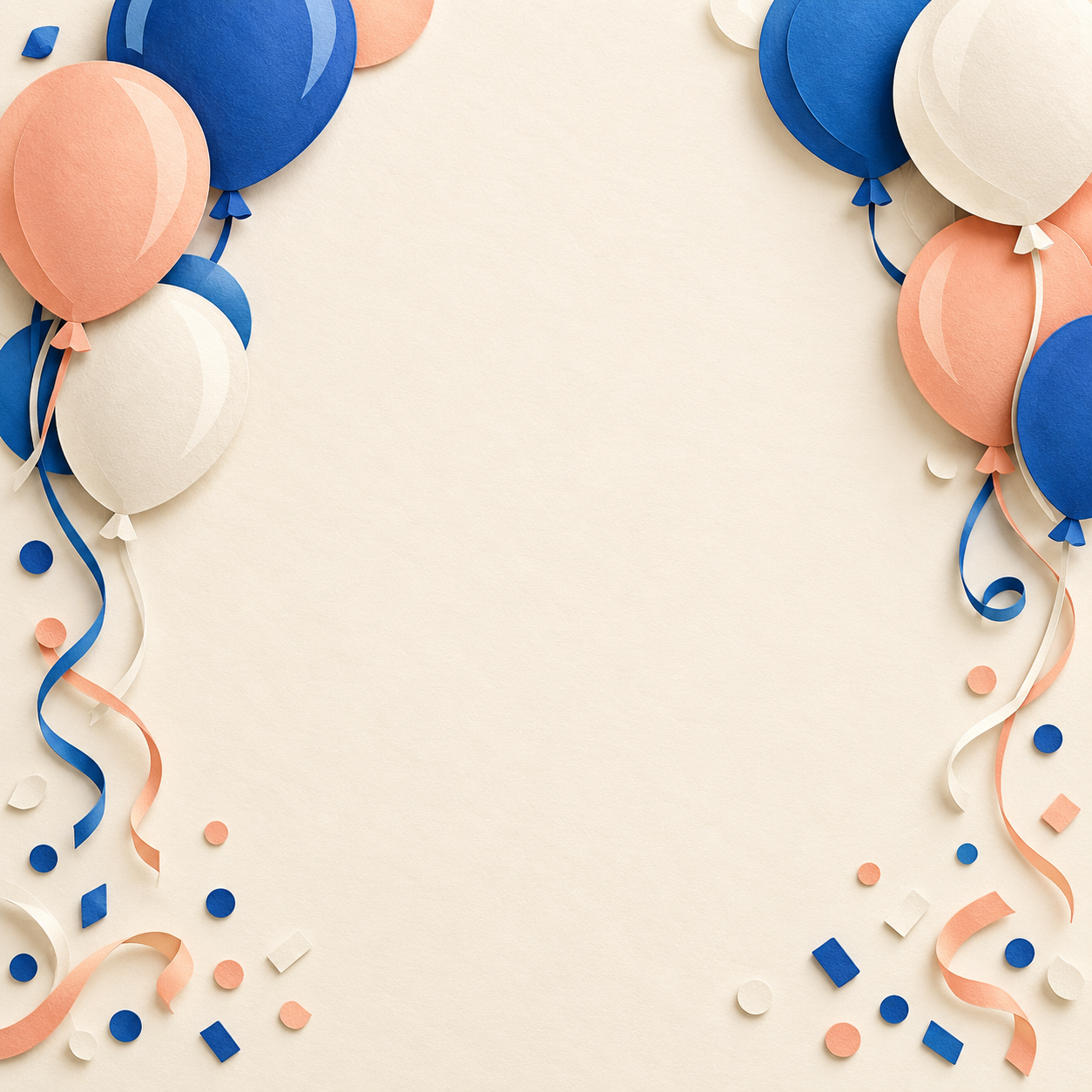 Original peach cobalt and ivory paper-cut balloons and confetti around a clear cream invitation area