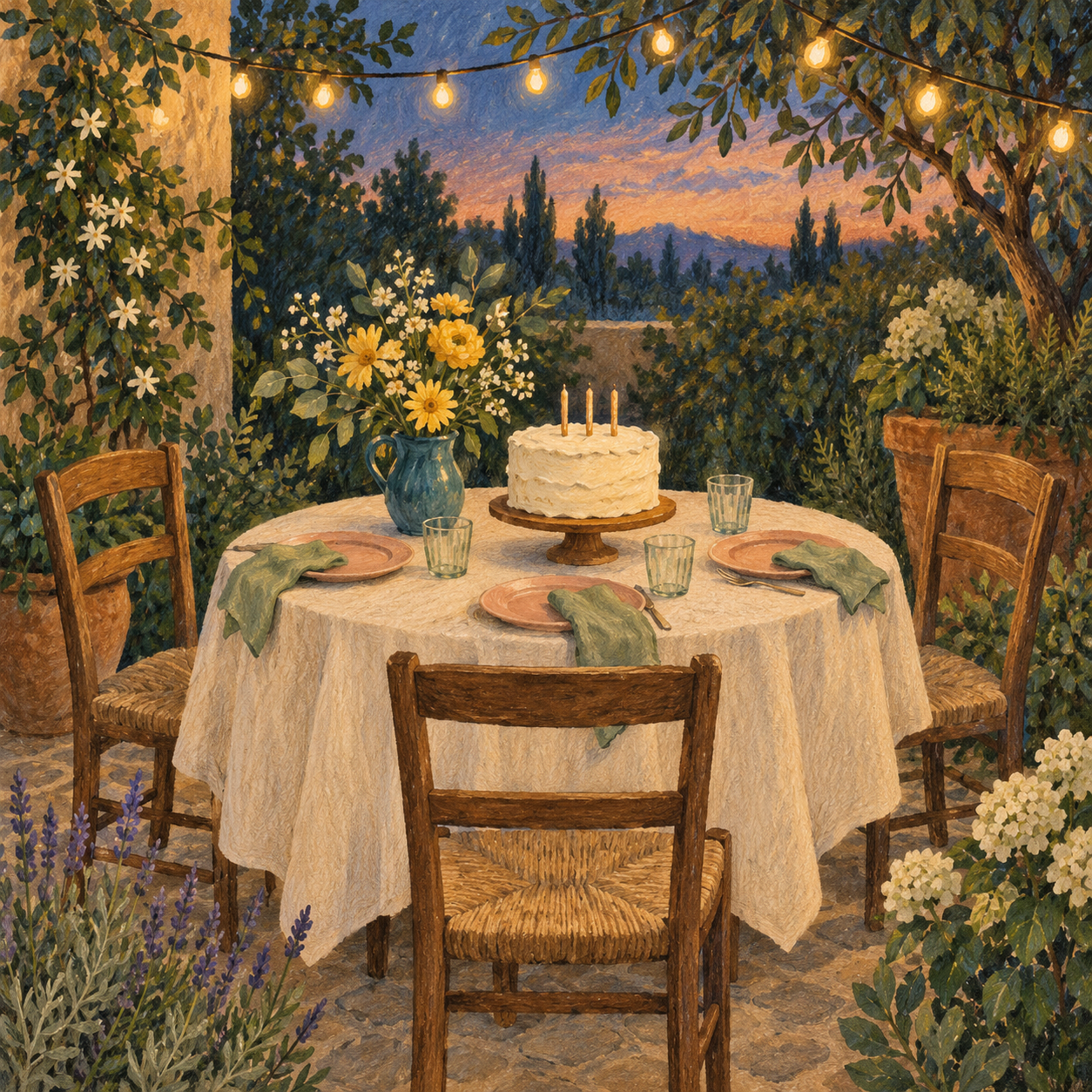 Original gouache-style garden party table with a cake yellow flowers peach plates three empty chairs and string lights