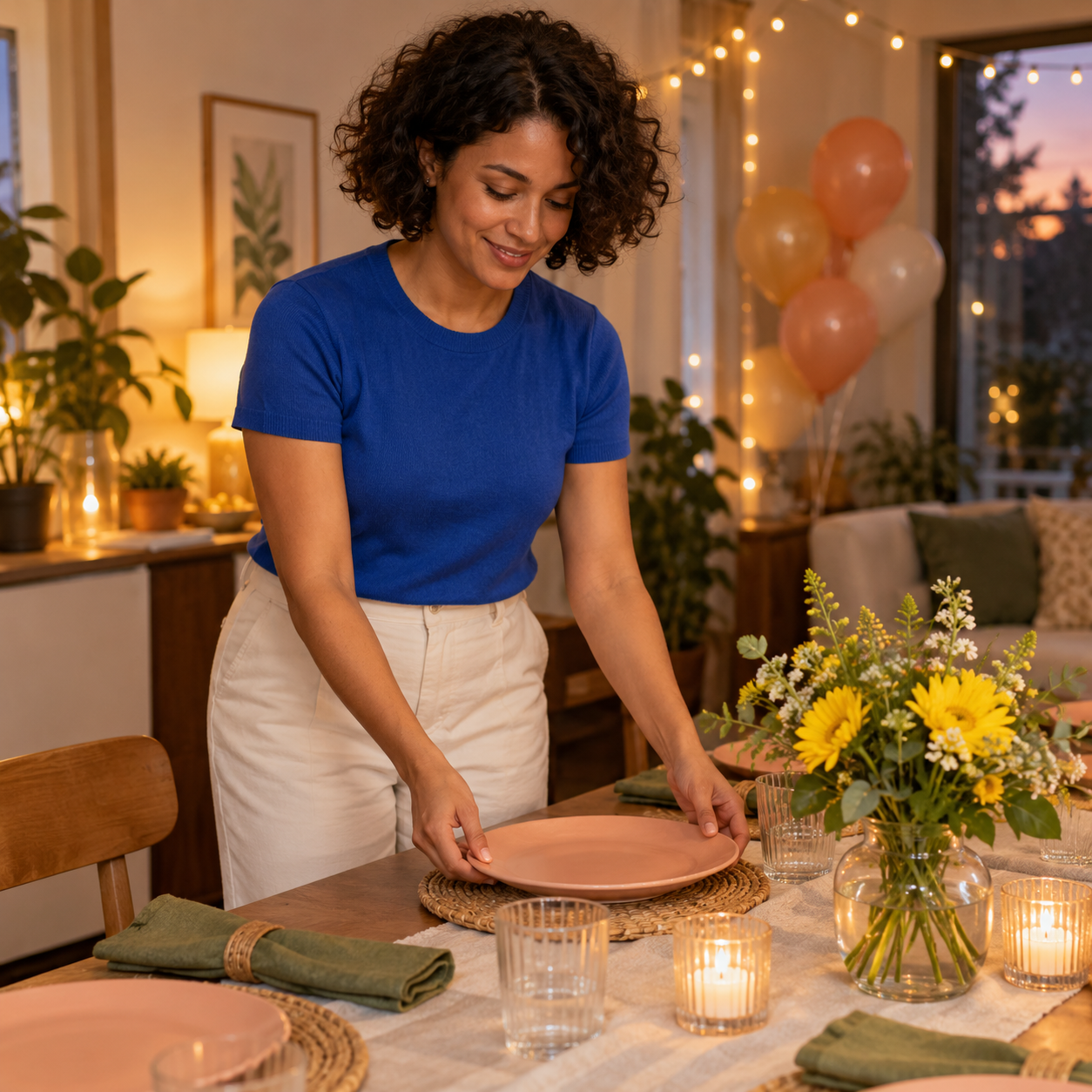 Fictional adult creator in a cobalt shirt arranging a peach plate beside yellow flowers at a warm dinner-party table