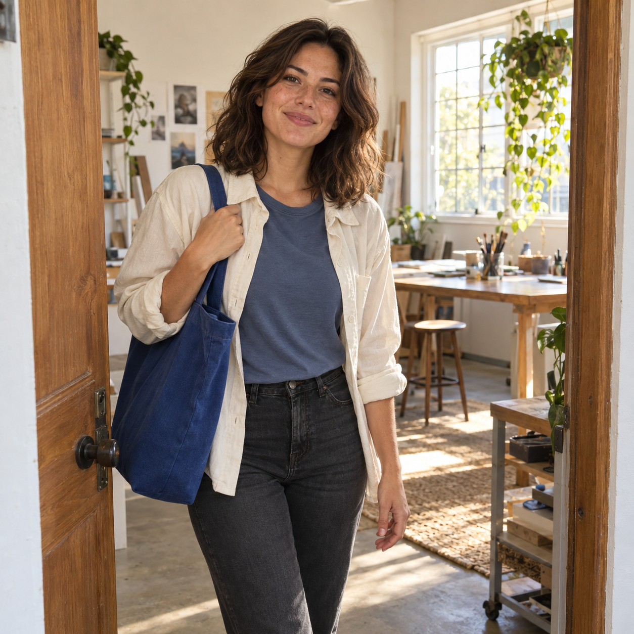 Fictional creator in a cream overshirt carrying a cobalt tote at a sunlit studio doorway