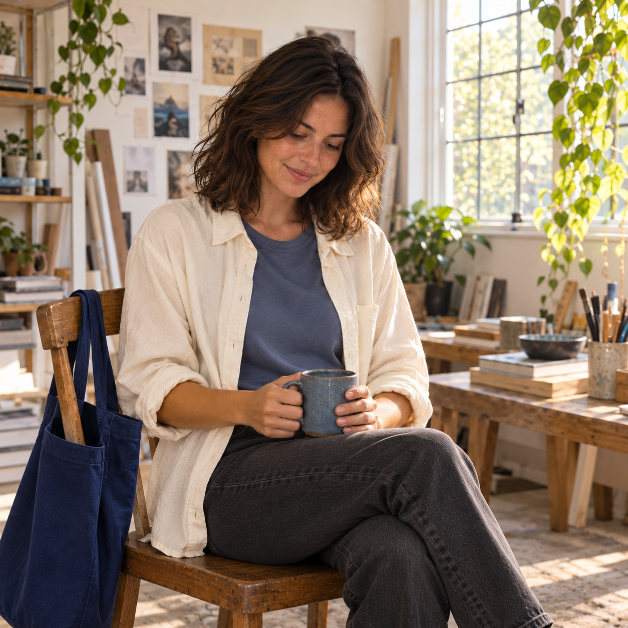 The same fictional creator taking a relaxed break beside the studio window with a blue mug