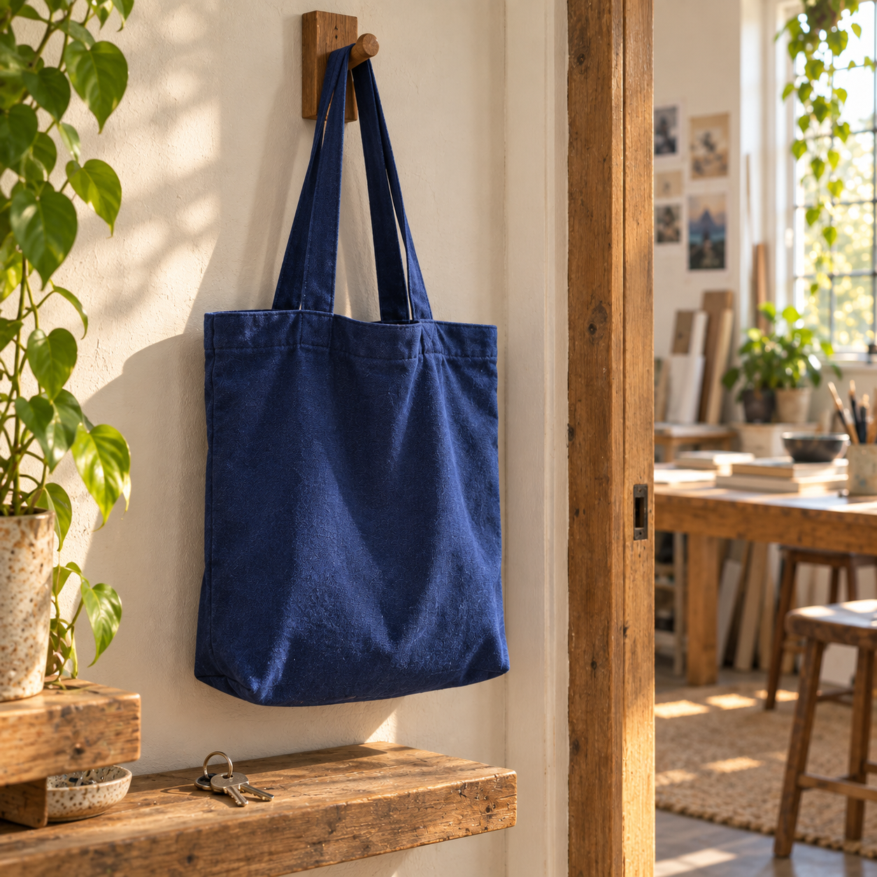 Cobalt canvas tote and plain keys beside the wooden studio doorway in warm afternoon light