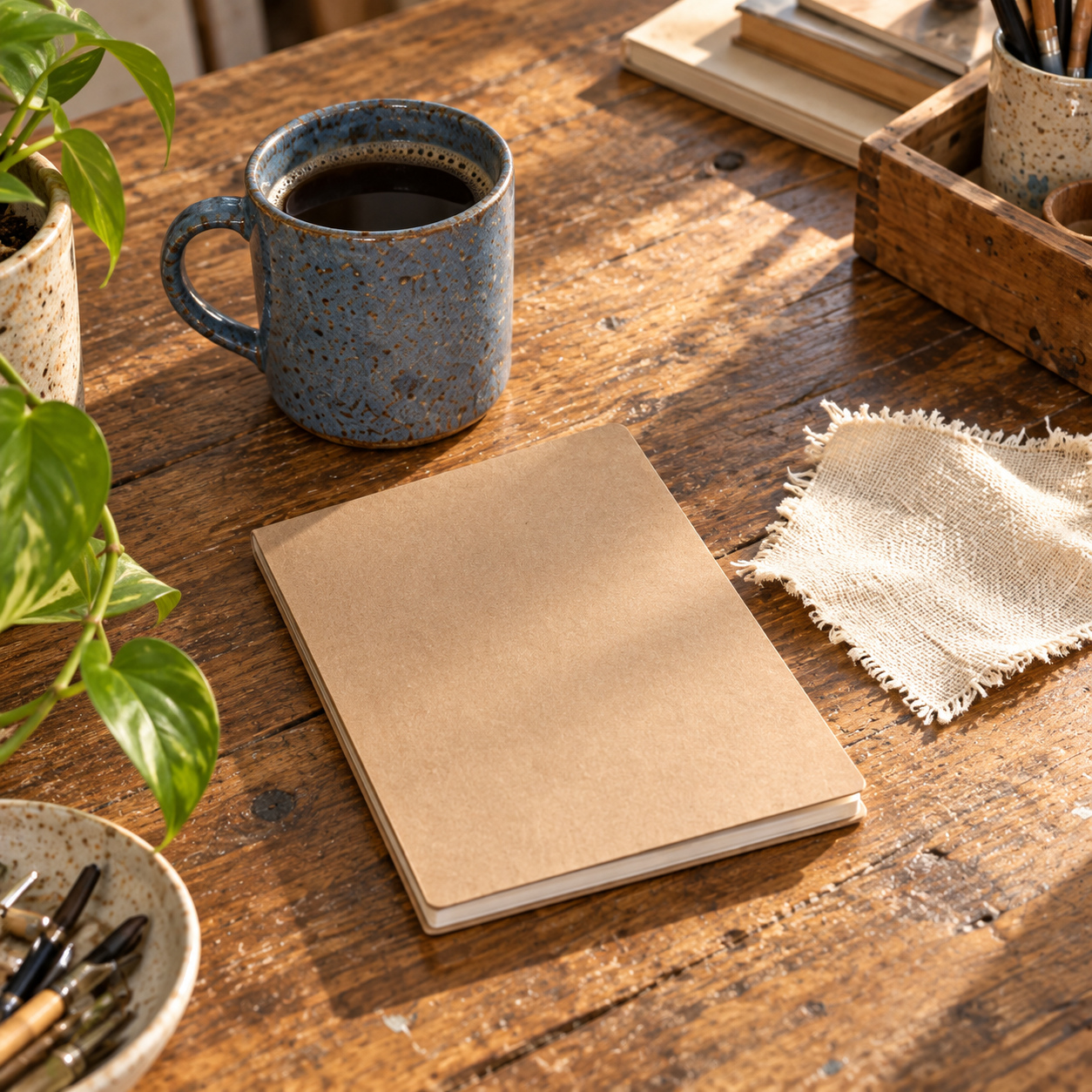 Close view of a blank notebook blue ceramic mug and cream fabric on the studio table