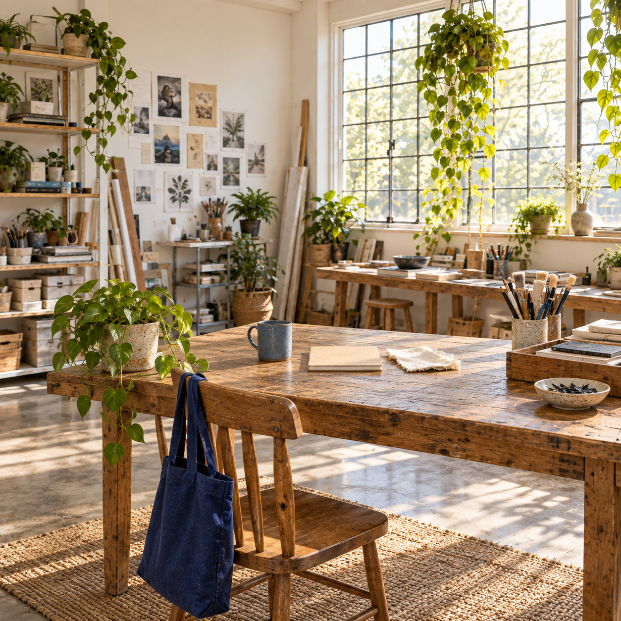 Wide view of the warm studio with its wooden worktable window plants and cobalt tote
