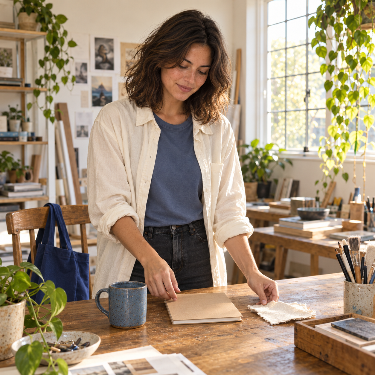 The same fictional creator arranging a notebook mug and fabric at a wooden studio table