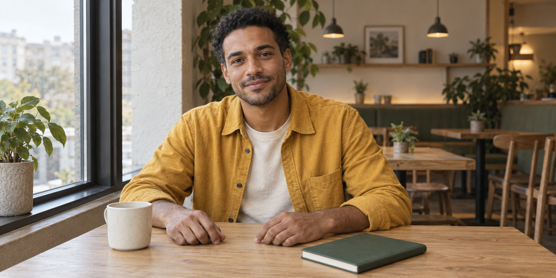 Original fictional male creator in a mustard overshirt at a daylight cafe table with a forest-green notebook and cream mug