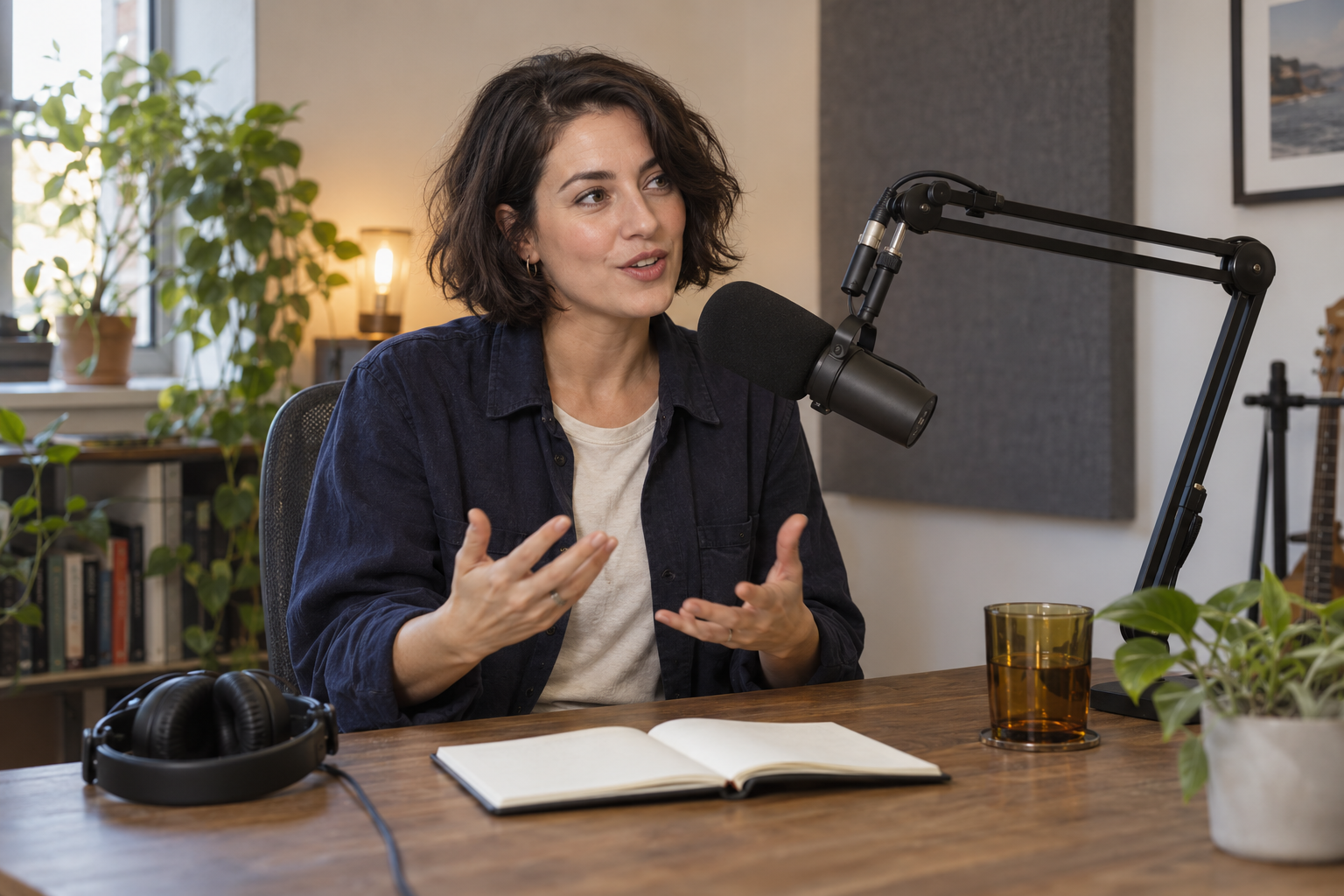 Original fictional podcast host with a short dark bob speaking beside a microphone in a daylight home studio